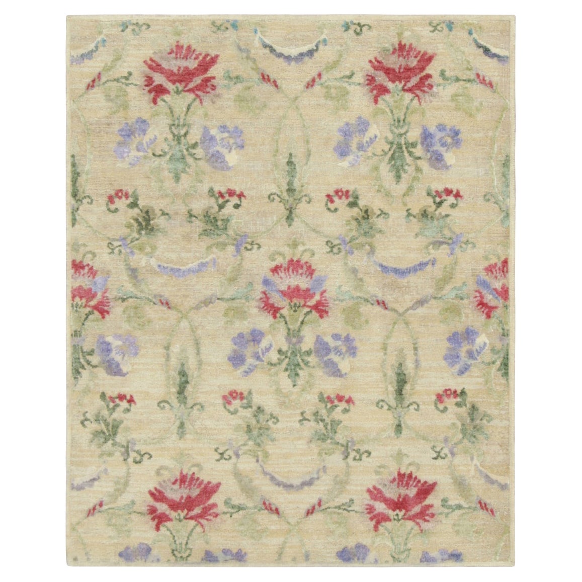 Rug & Kilim’s Block Print Rug, Cream White Field and Multi-Color Flower Motifs