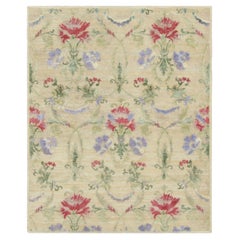 Rug & Kilim’s Block Print Rug, Cream White Field and Multi-Color Flower Motifs