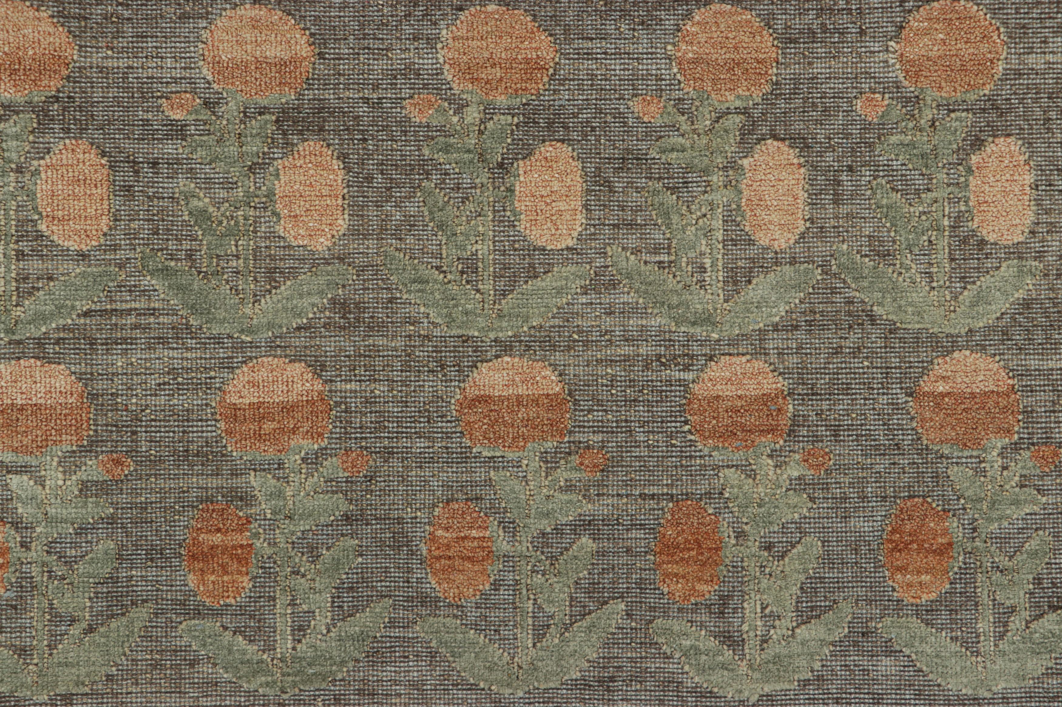 Modern Rug & Kilim’s Block Print Rug Design. Brown and Green and Orange Floral Patterns For Sale