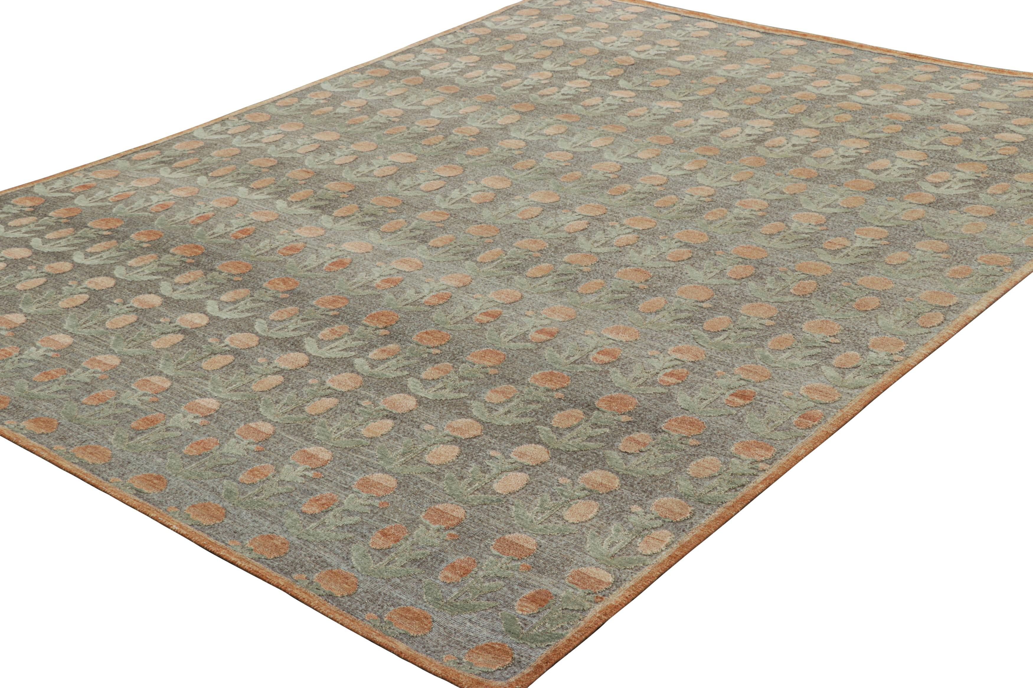 Indian Rug & Kilim’s Block Print Rug Design. Brown and Green and Orange Floral Patterns For Sale