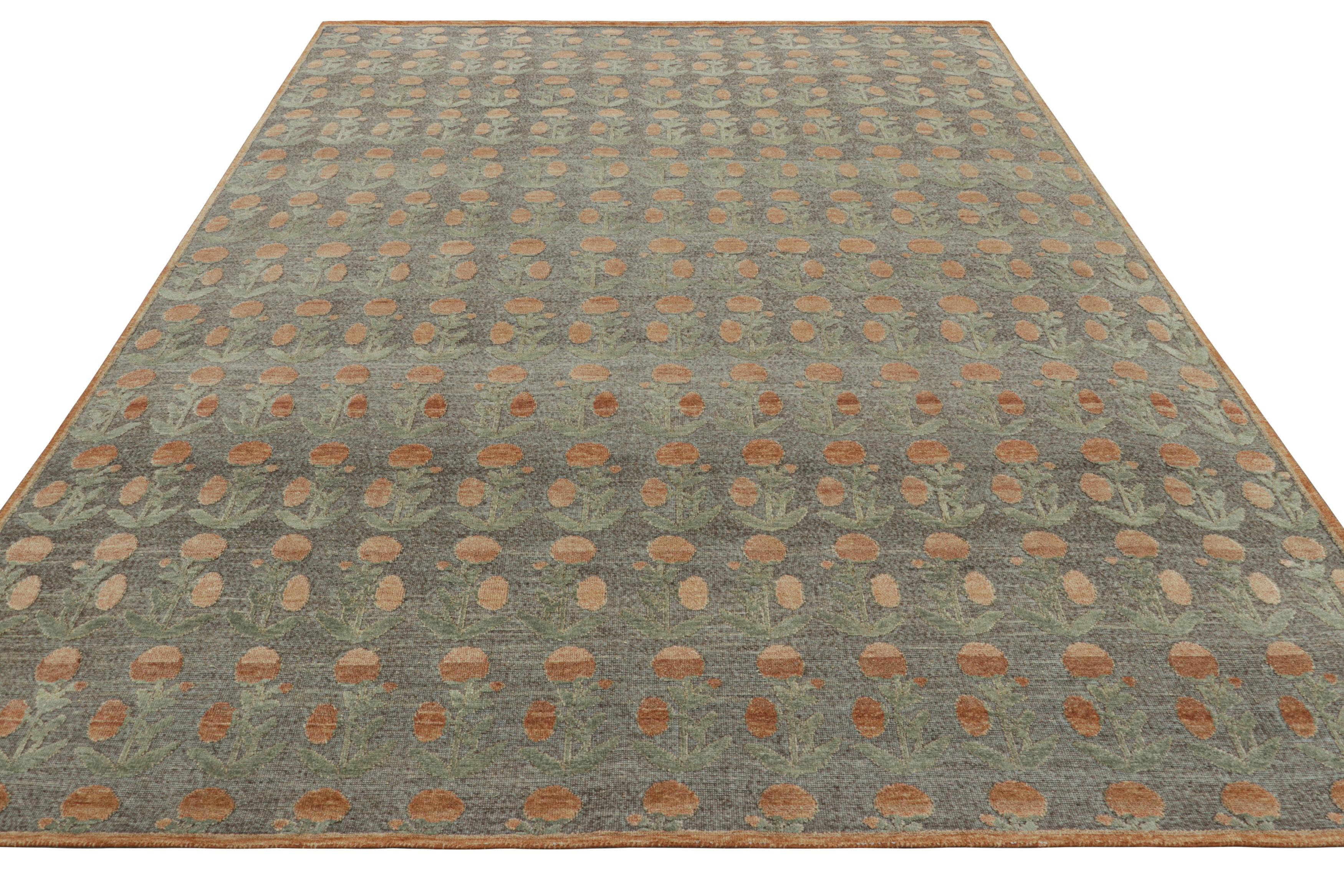 Hand-Knotted Rug & Kilim’s Block Print Rug Design. Brown and Green and Orange Floral Patterns For Sale