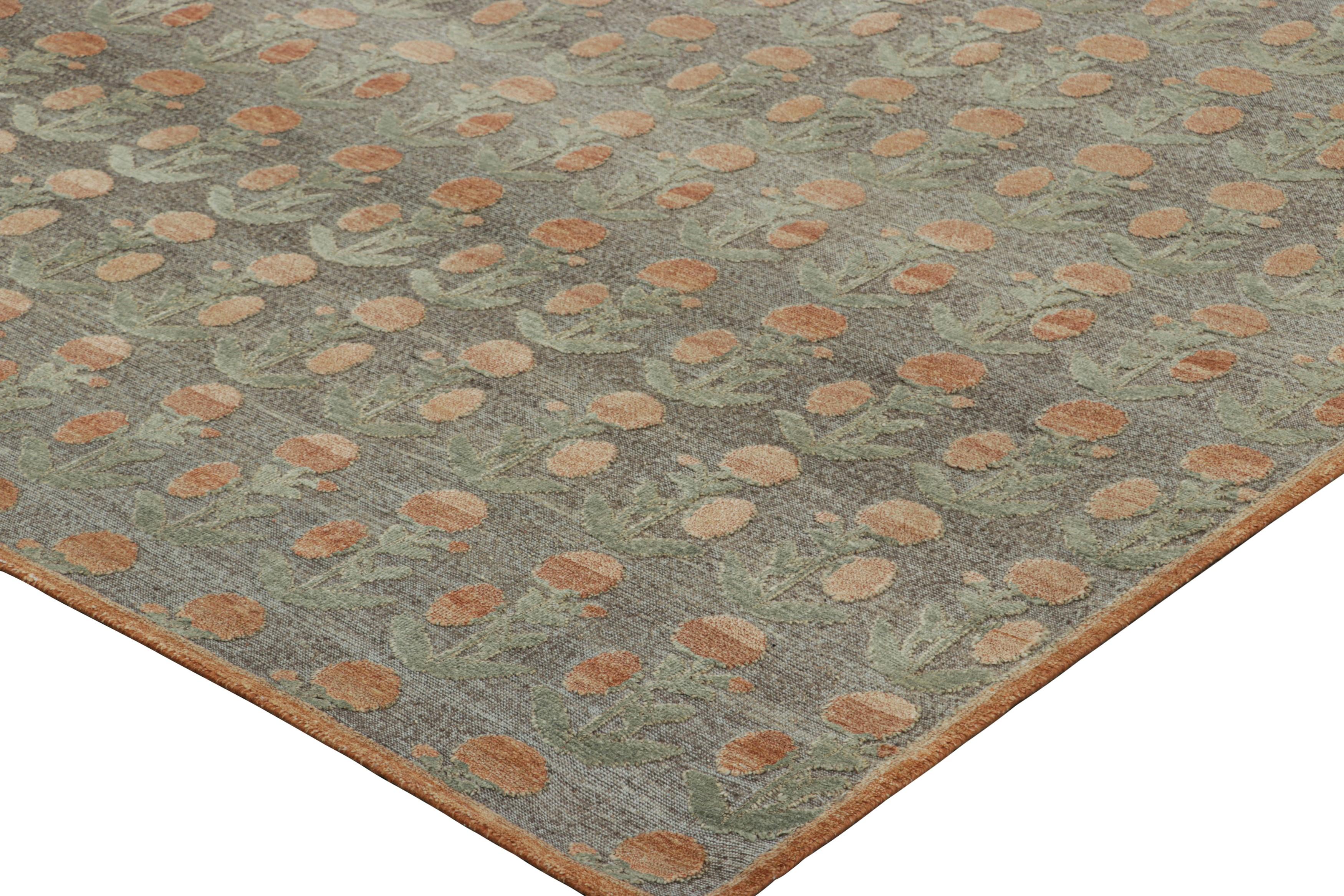 Rug & Kilim’s Block Print Rug Design. Brown and Green and Orange Floral Patterns In New Condition For Sale In Long Island City, NY