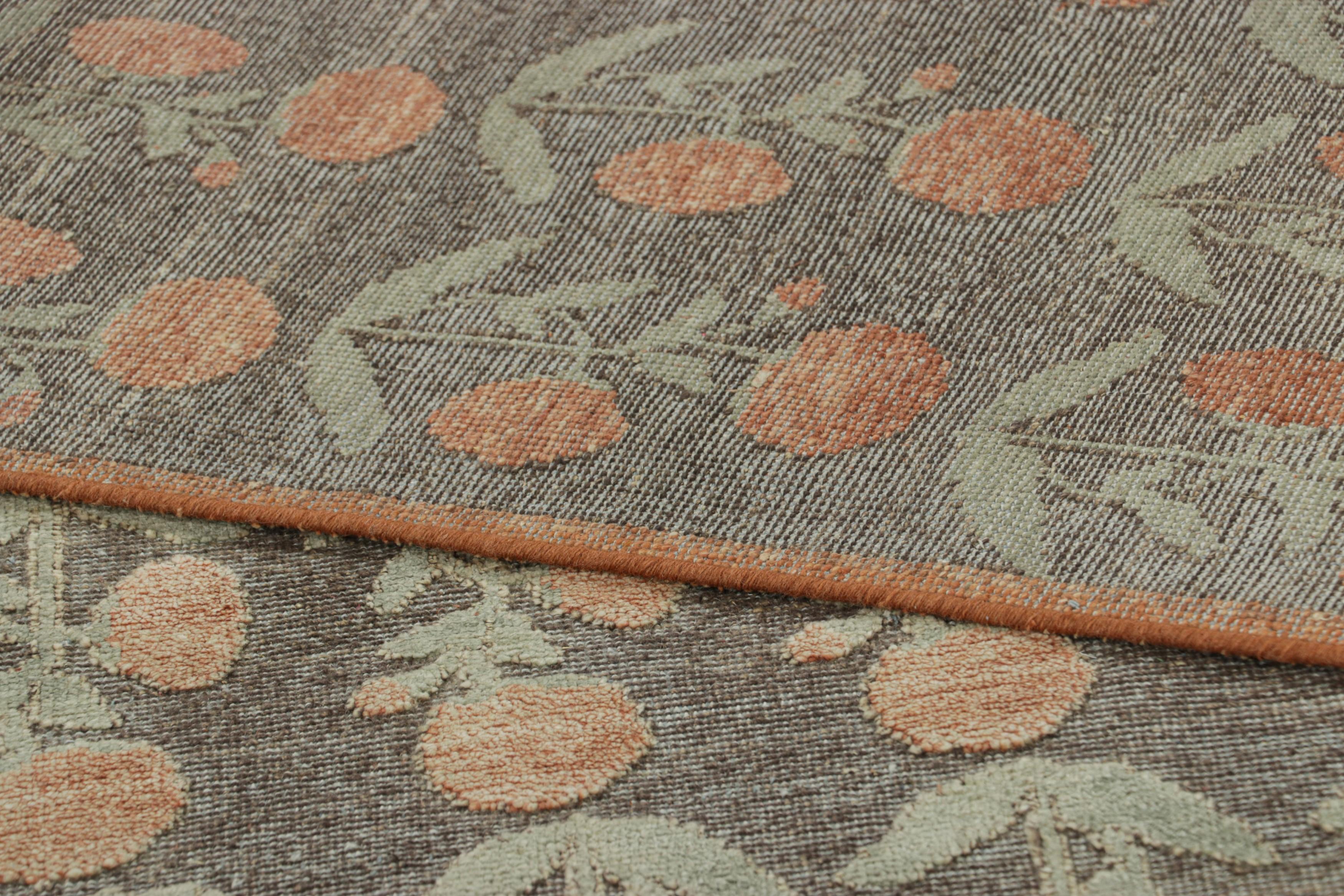 Contemporary Rug & Kilim’s Block Print Rug Design. Brown and Green and Orange Floral Patterns For Sale
