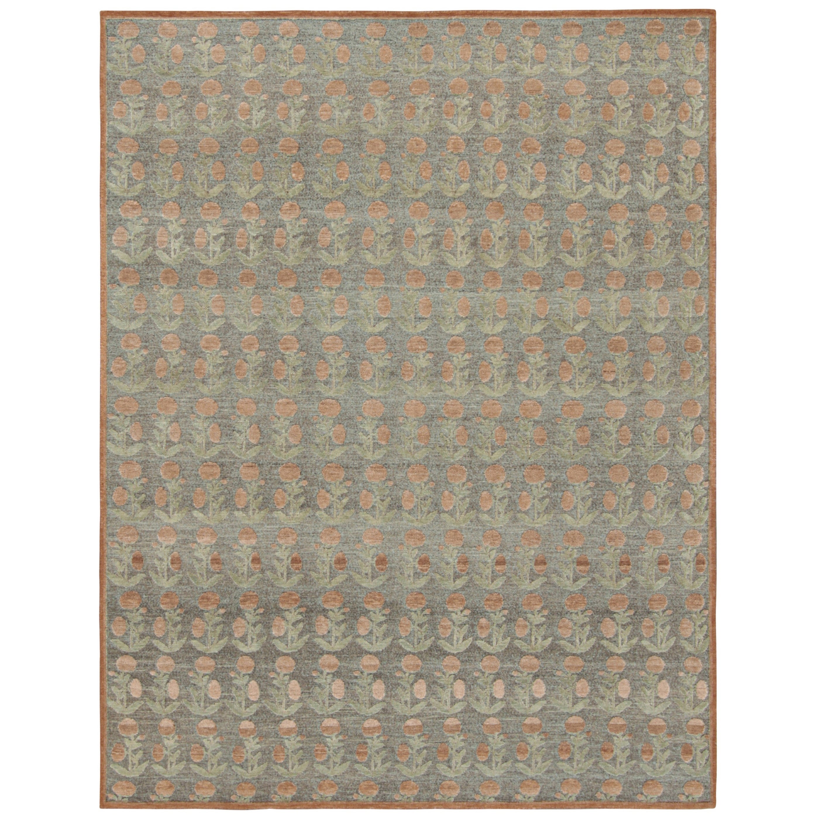 Rug & Kilim’s Block Print Rug Design. Brown and Green and Orange Floral Patterns For Sale