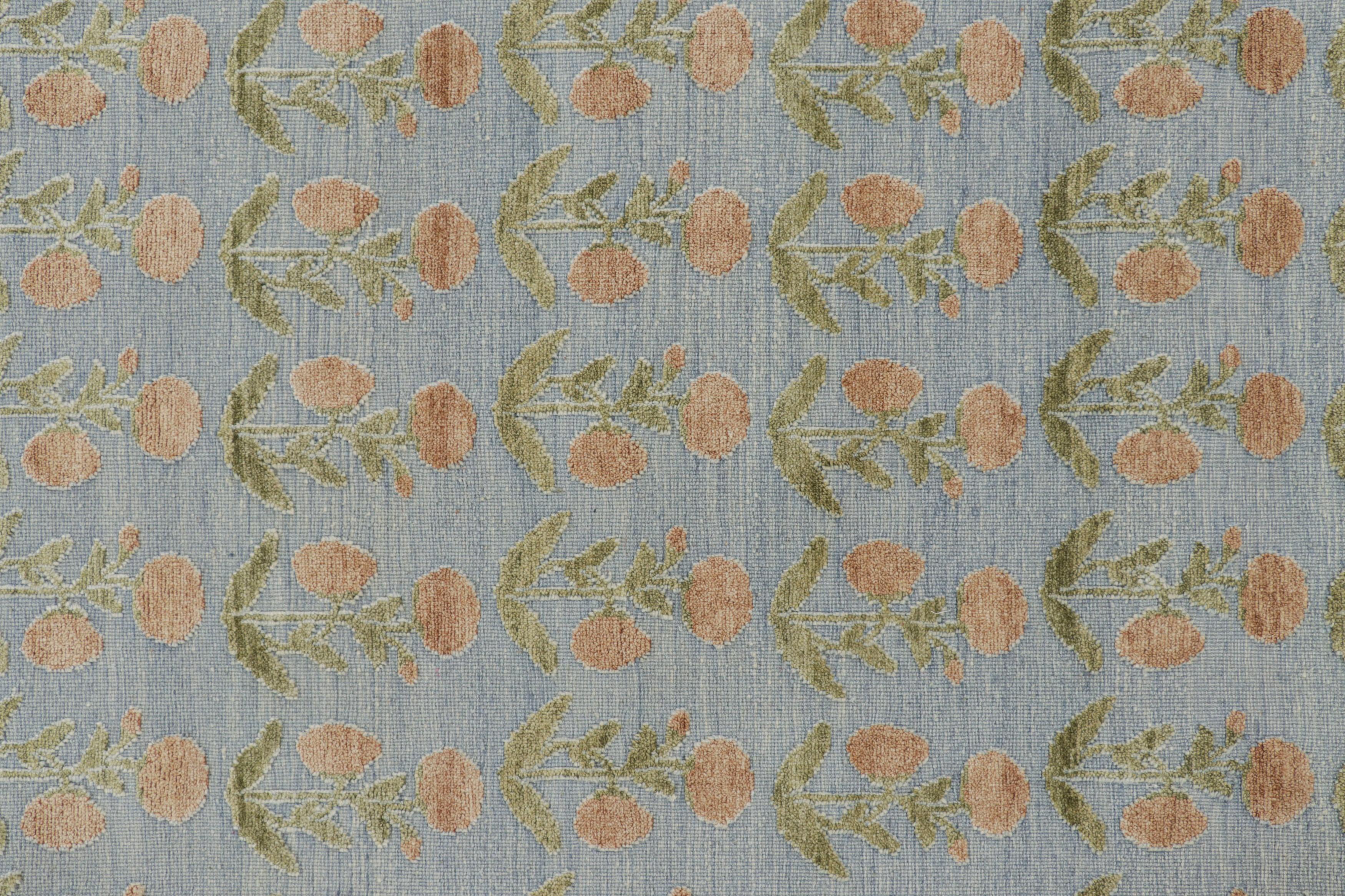 Indian Rug & Kilim’s Block Print Rug Design with Brown and Green Floral Patterns For Sale