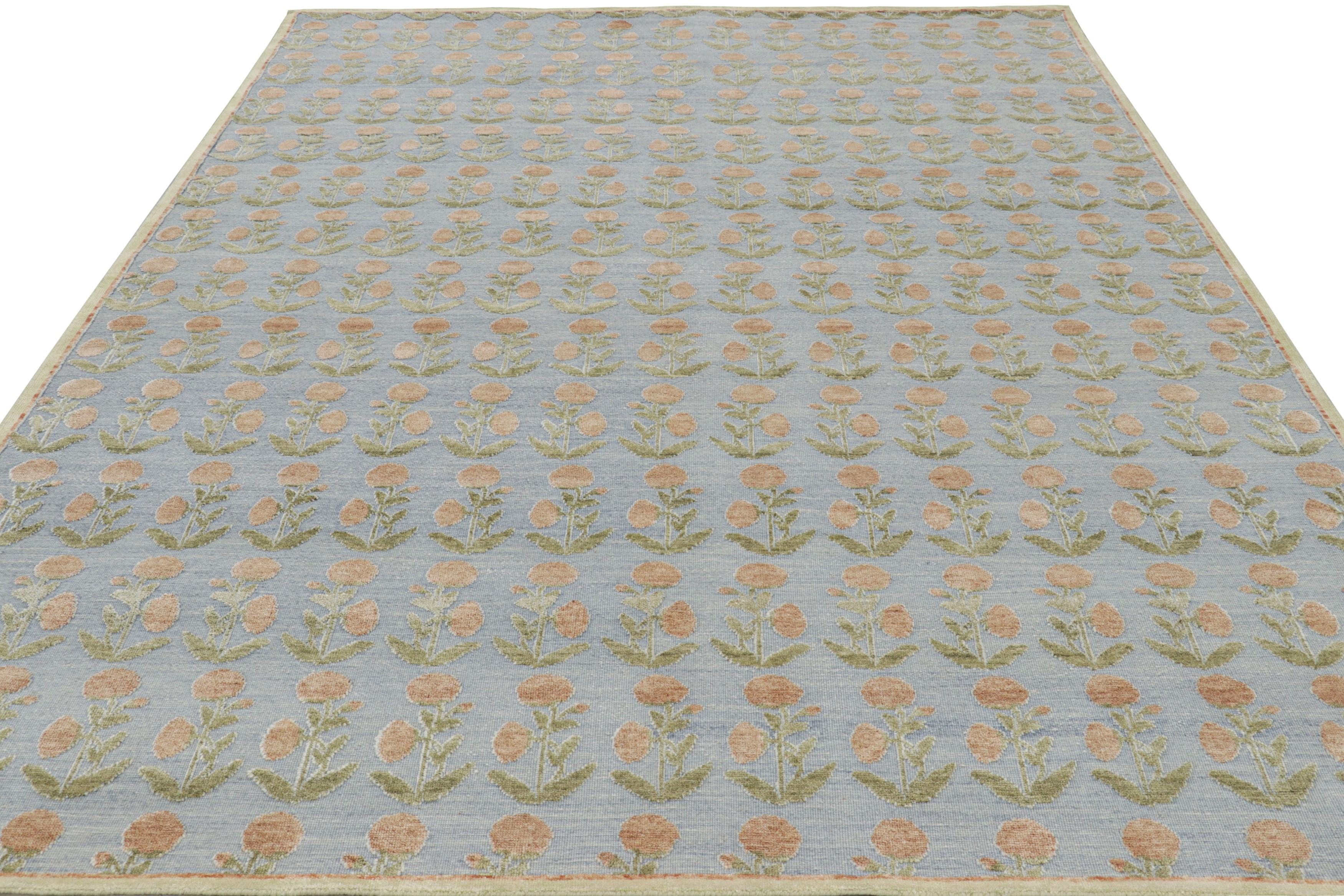 Hand-Knotted Rug & Kilim’s Block Print Rug Design with Brown and Green Floral Patterns For Sale
