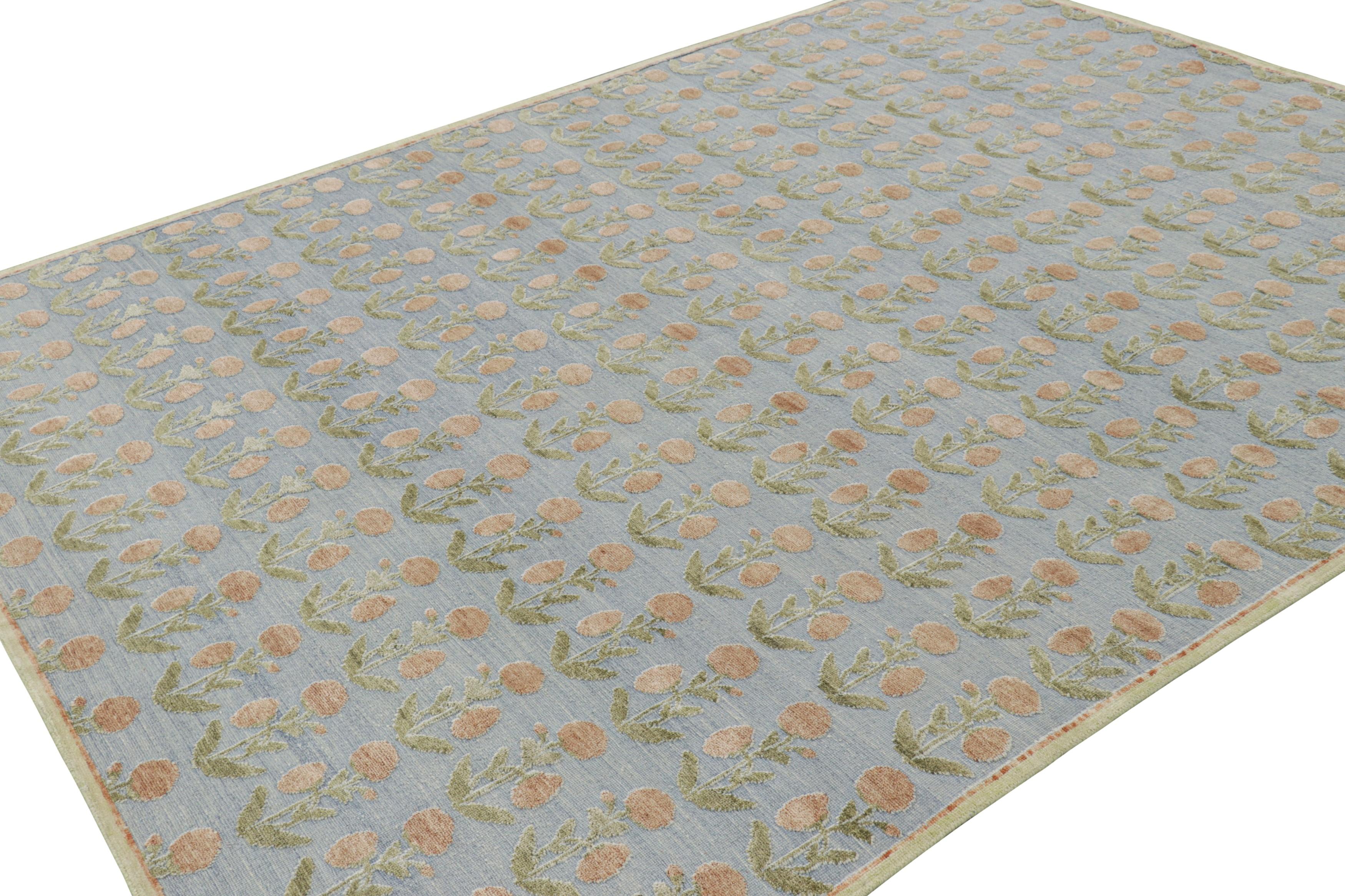 Rug & Kilim’s Block Print Rug Design with Brown and Green Floral Patterns In New Condition For Sale In Long Island City, NY