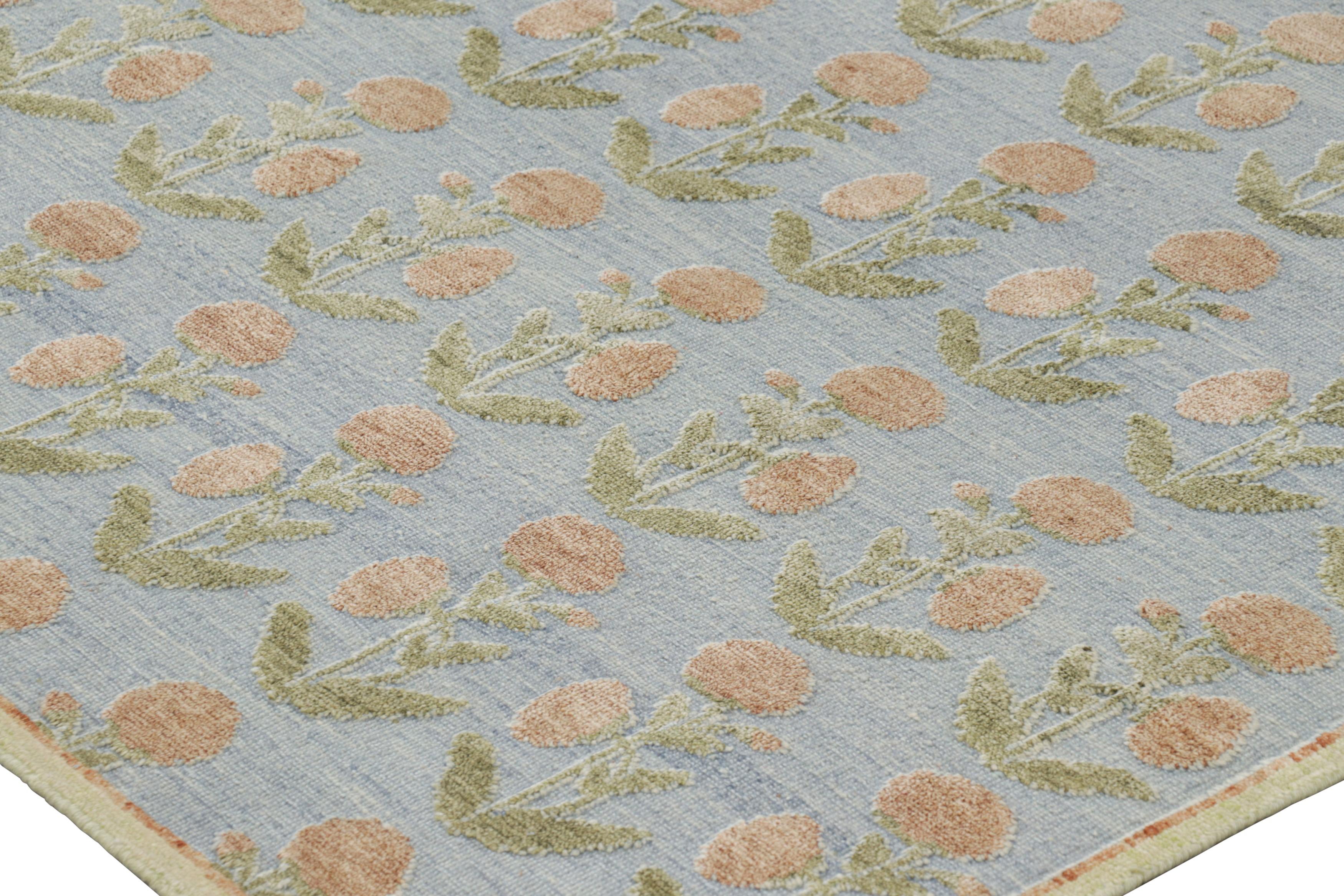 Contemporary Rug & Kilim’s Block Print Rug Design with Brown and Green Floral Patterns For Sale