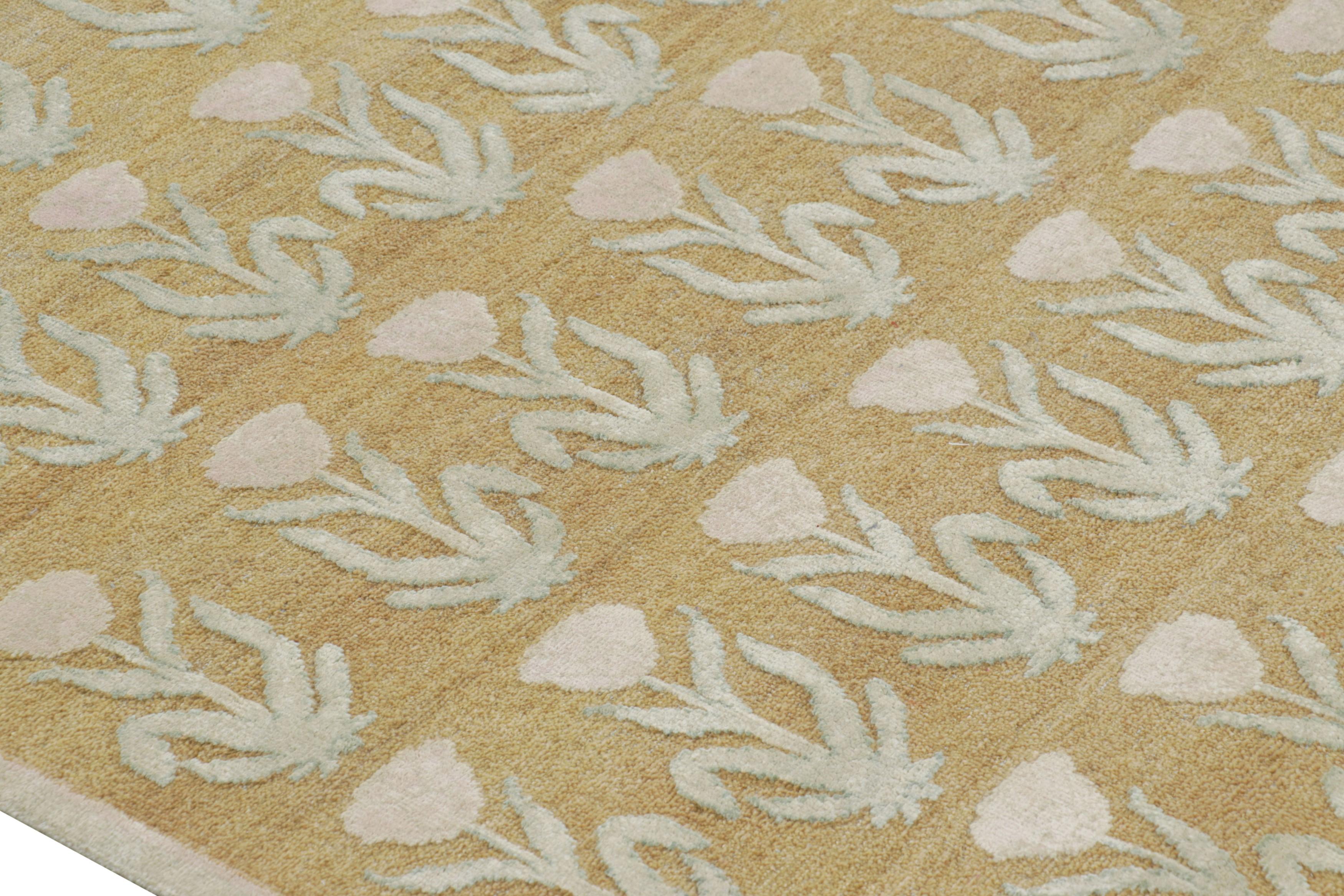 Indian Rug & Kilim’s Block Print Rug Design with Pink and Green Floral Patterns For Sale