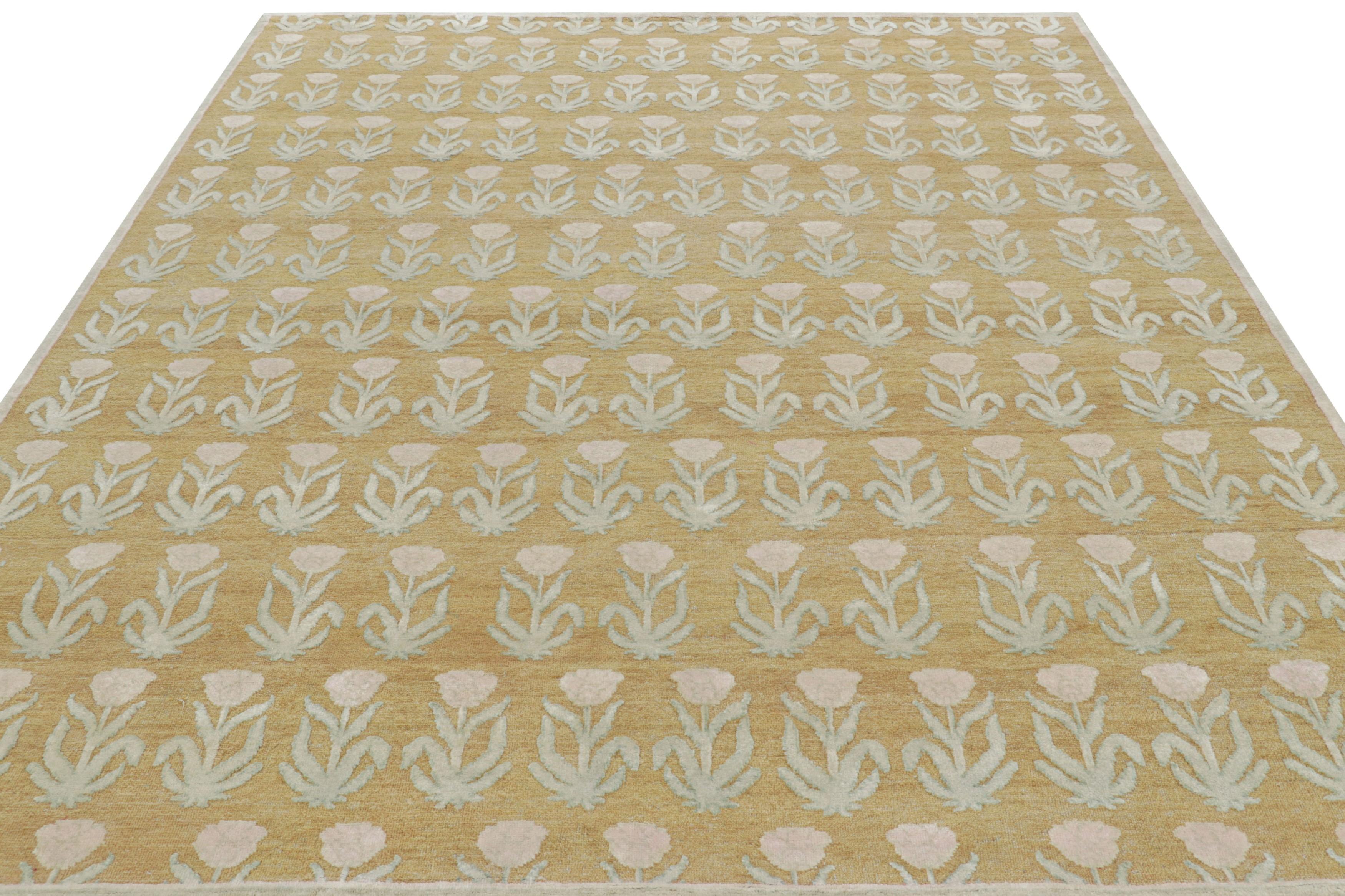 Hand-Knotted Rug & Kilim’s Block Print Rug Design with Pink and Green Floral Patterns For Sale