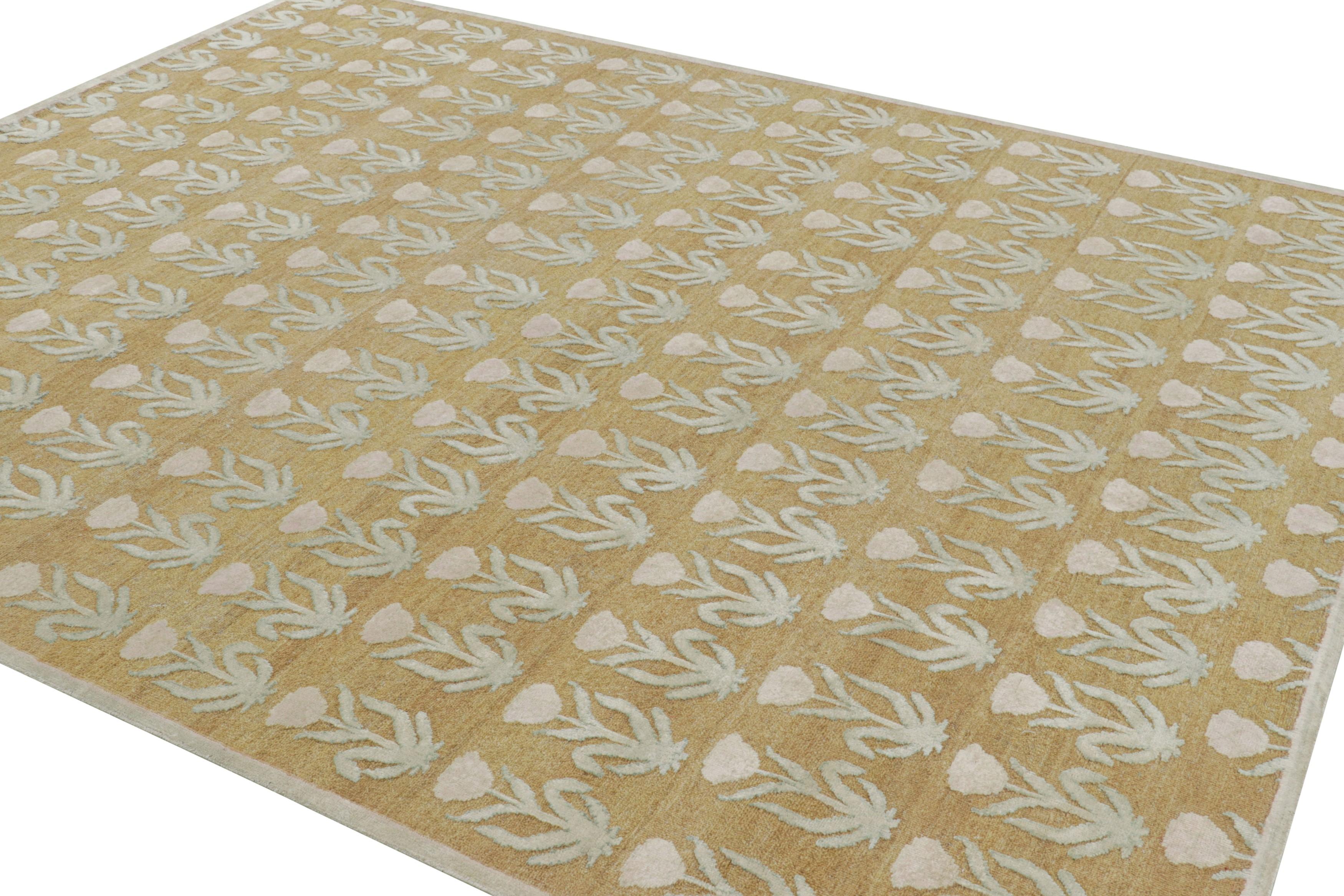 Rug & Kilim’s Block Print Rug Design with Pink and Green Floral Patterns In New Condition For Sale In Long Island City, NY