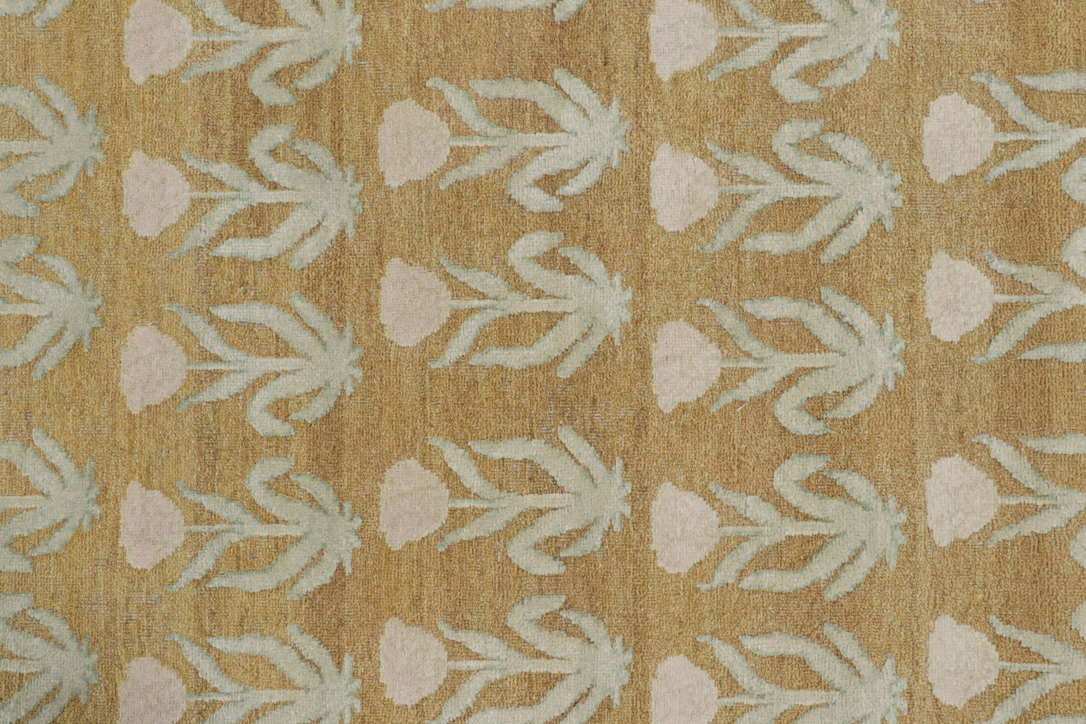 Contemporary Rug & Kilim’s Block Print Rug Design with Pink and Green Floral Patterns For Sale