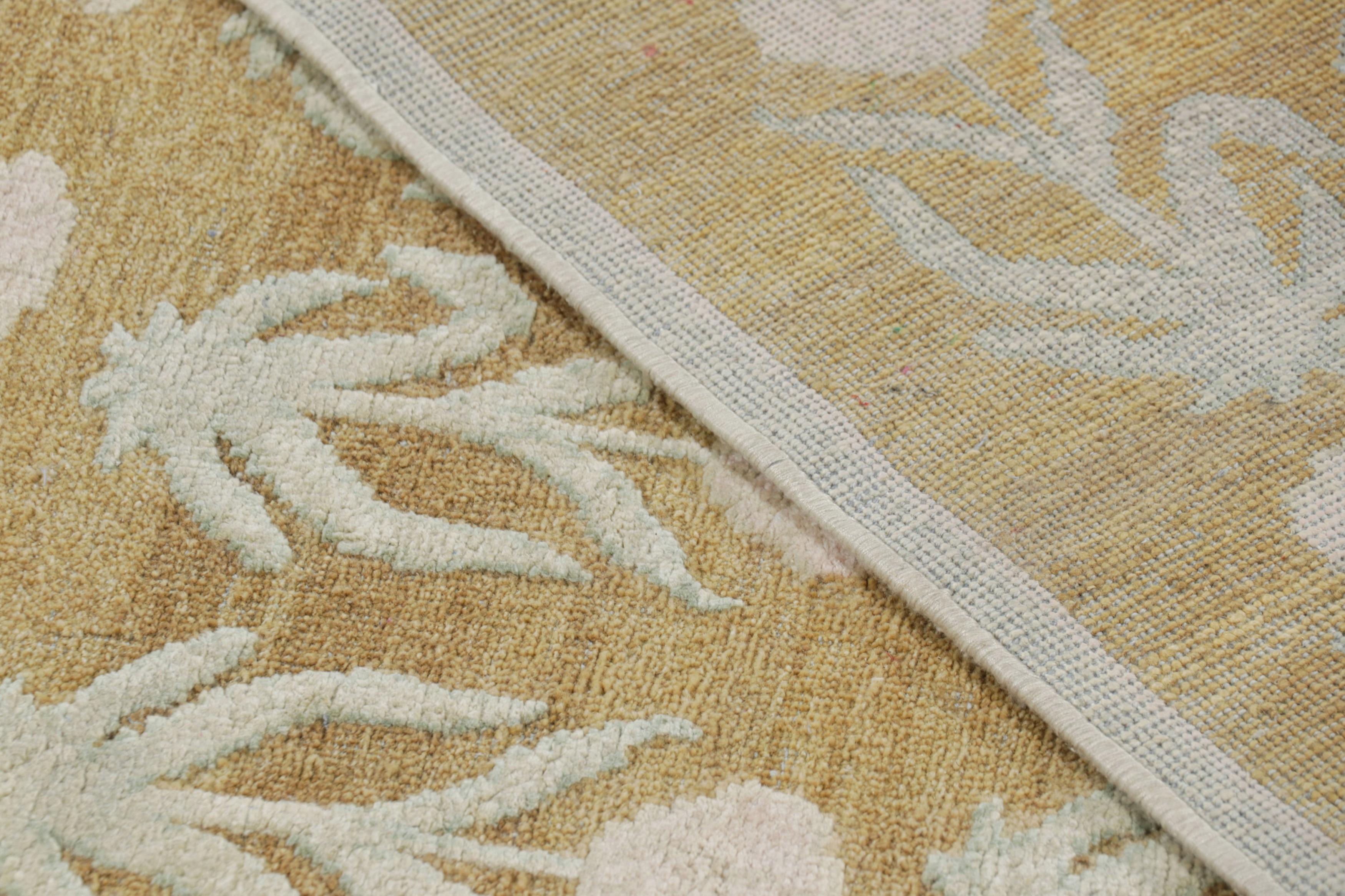Silk Rug & Kilim’s Block Print Rug Design with Pink and Green Floral Patterns For Sale