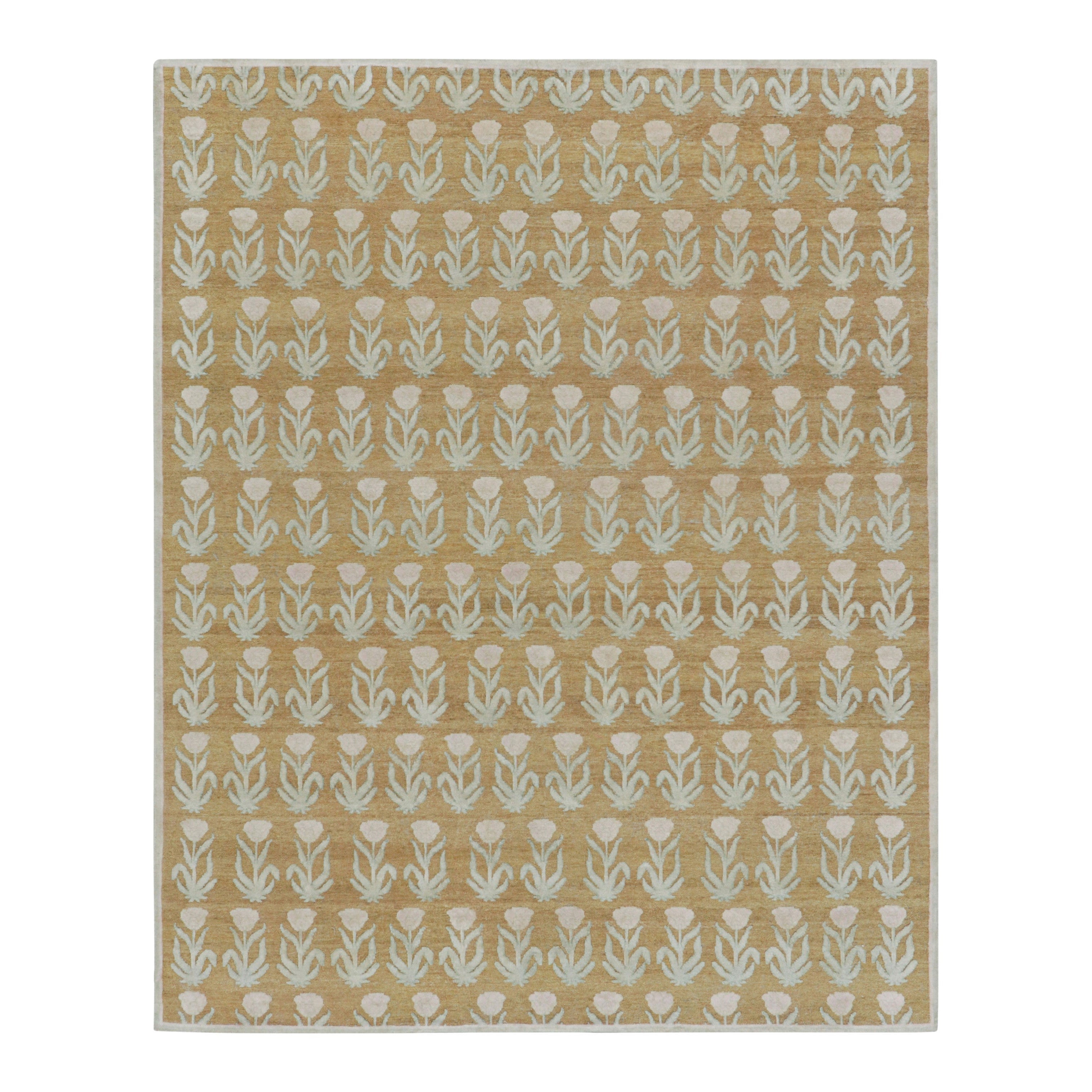 Rug & Kilim’s Block Print Rug Design with Pink and Green Floral Patterns