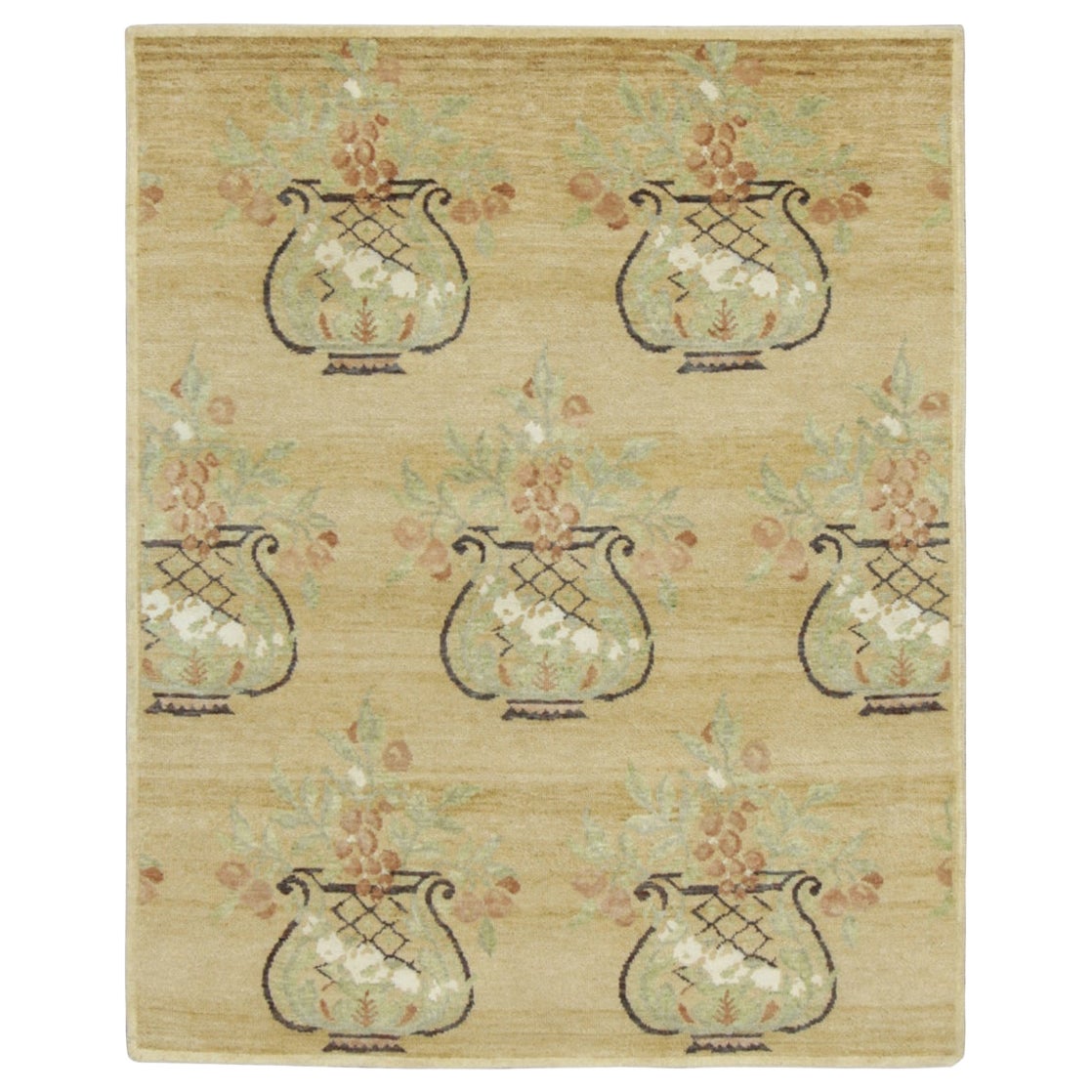 Rug & Kilim's Blockprint-Teppich in Beige, Grün und Rost mit floralen Vasenmotiven
