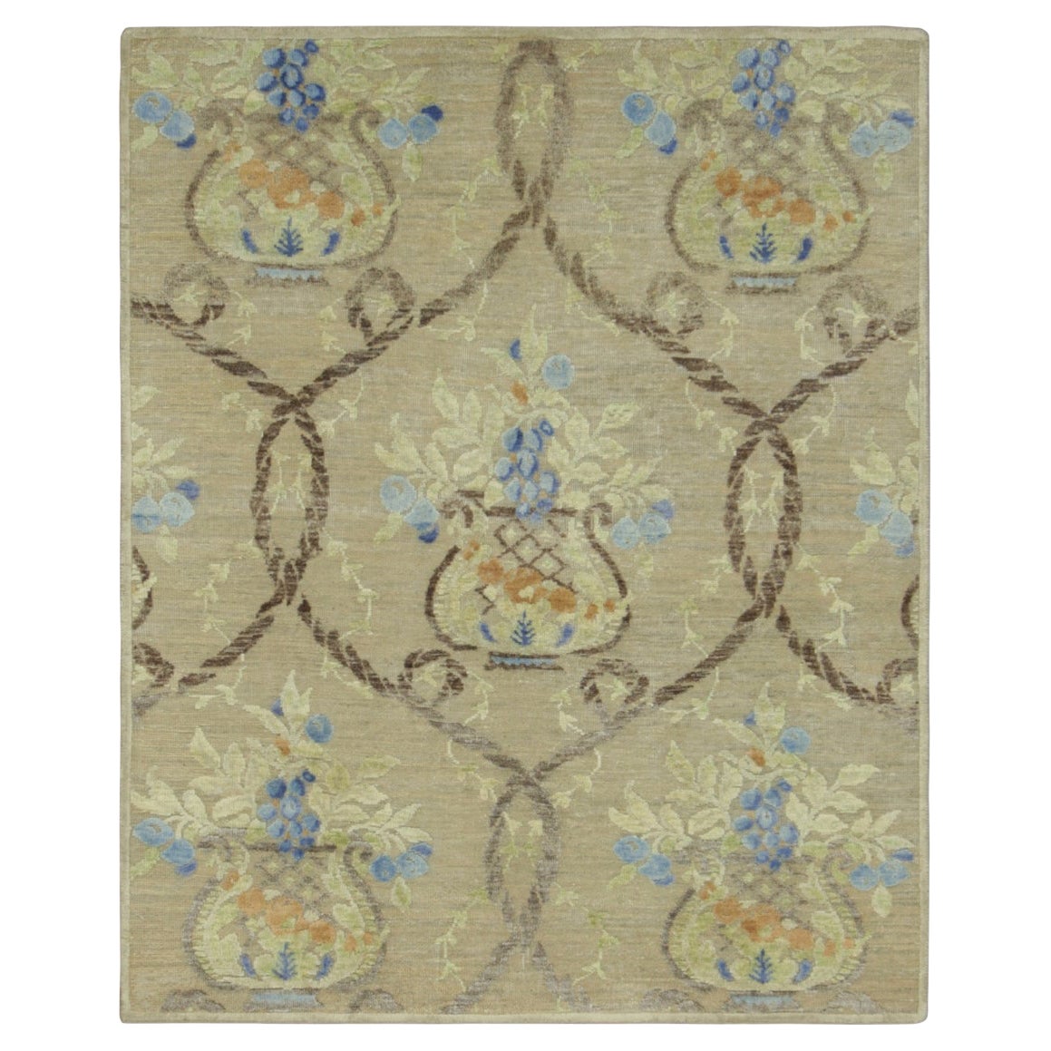 Rug & Kilim’s Block Print Rug in Beige with Elegant Floral Vase Motifs