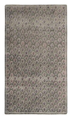 Rug & Kilim’s Block Print Rug in Gray and Purple Floral Pattern