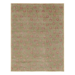 Rug & Kilim’s Block Print Rug in Green with Rose Pink Floral Patterns