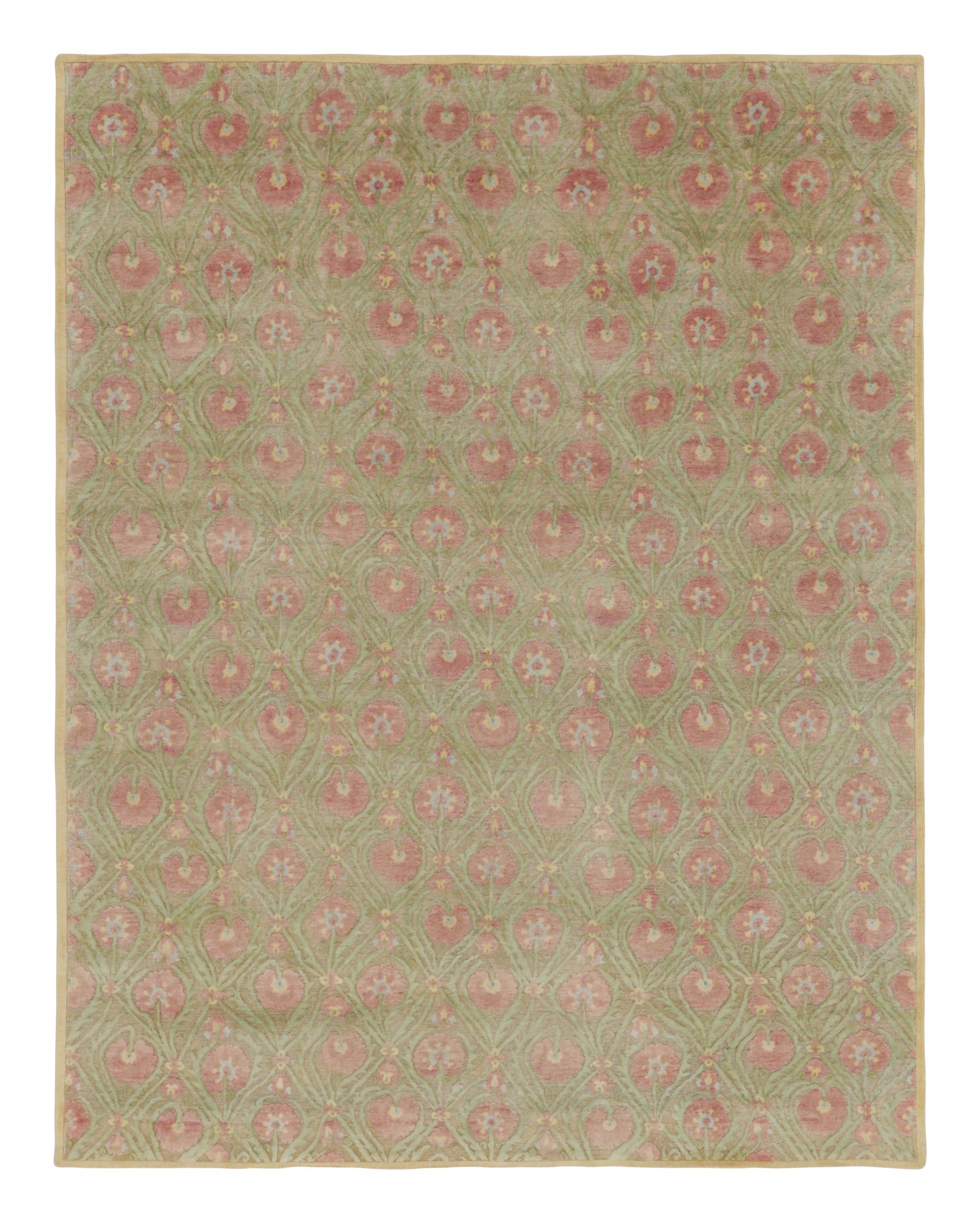 Rug & Kilim’s Block Print Rug in Green with Rose Pink Floral Patterns