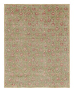 Rug & Kilim’s Block Print Rug in Green with Rose Pink Floral Patterns