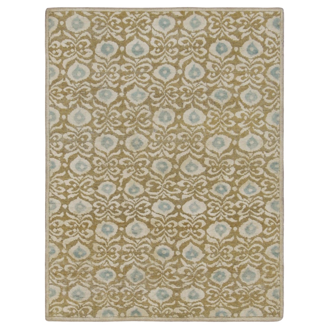 Rug 
Kilim
s Blockdruck-Teppich in weichem Gold, Beige und Blau mit Blumenmotiven