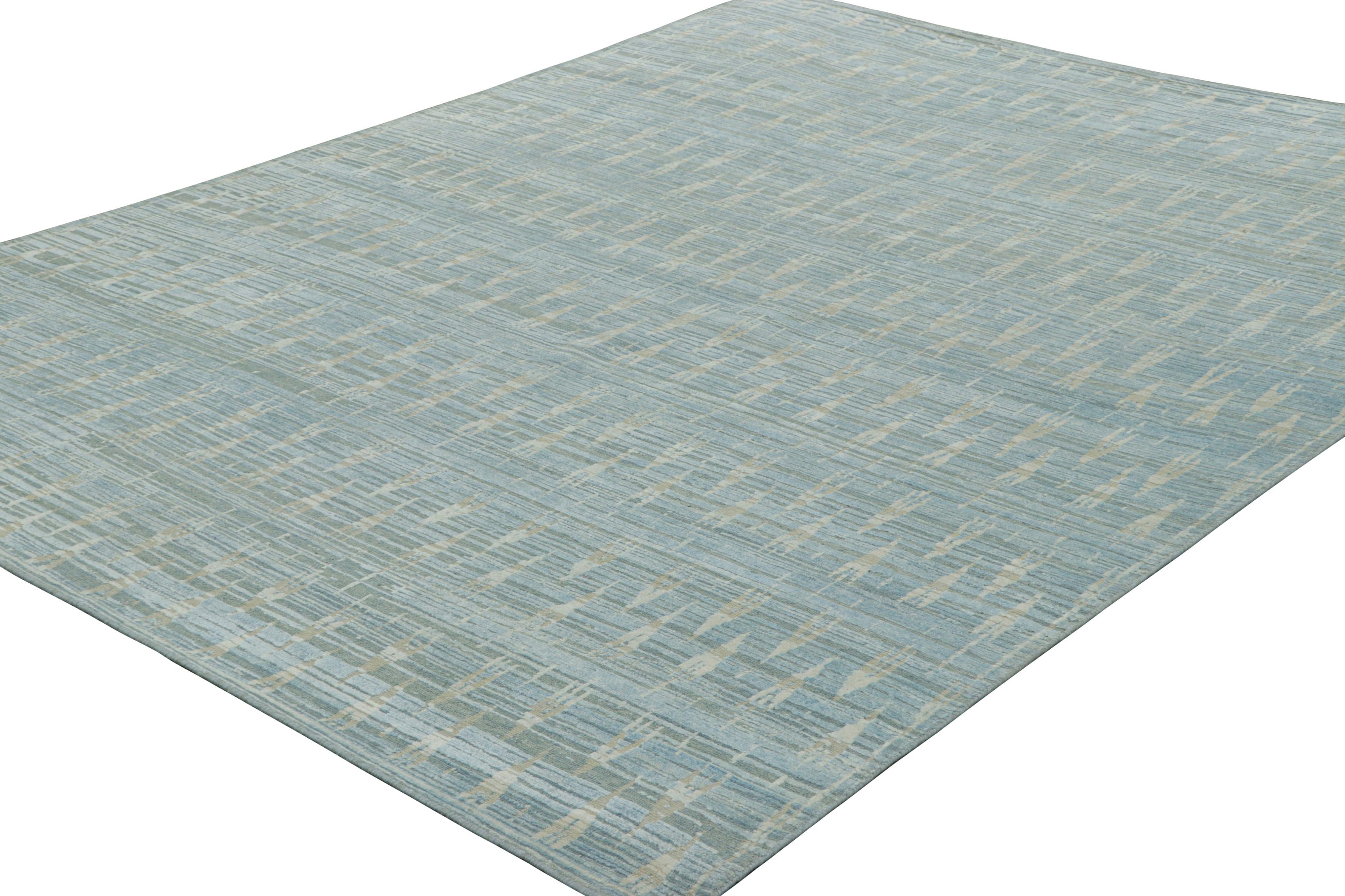 Indien Tapis imprimé en bloc de Rug & Kilim, bleu clair avec motif géométrique beige et crème en vente