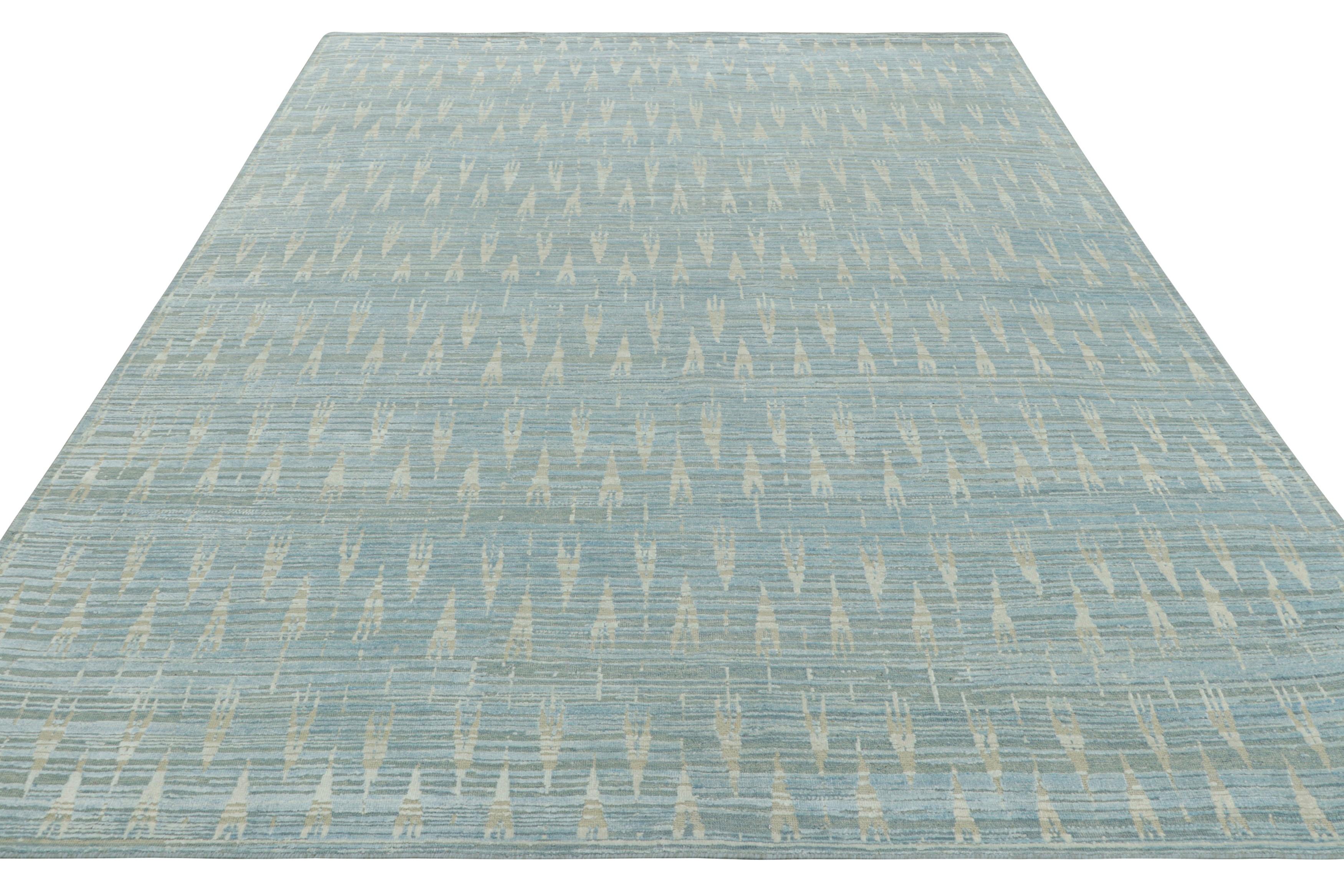 Noué à la main Tapis imprimé en bloc de Rug & Kilim, bleu clair avec motif géométrique beige et crème en vente