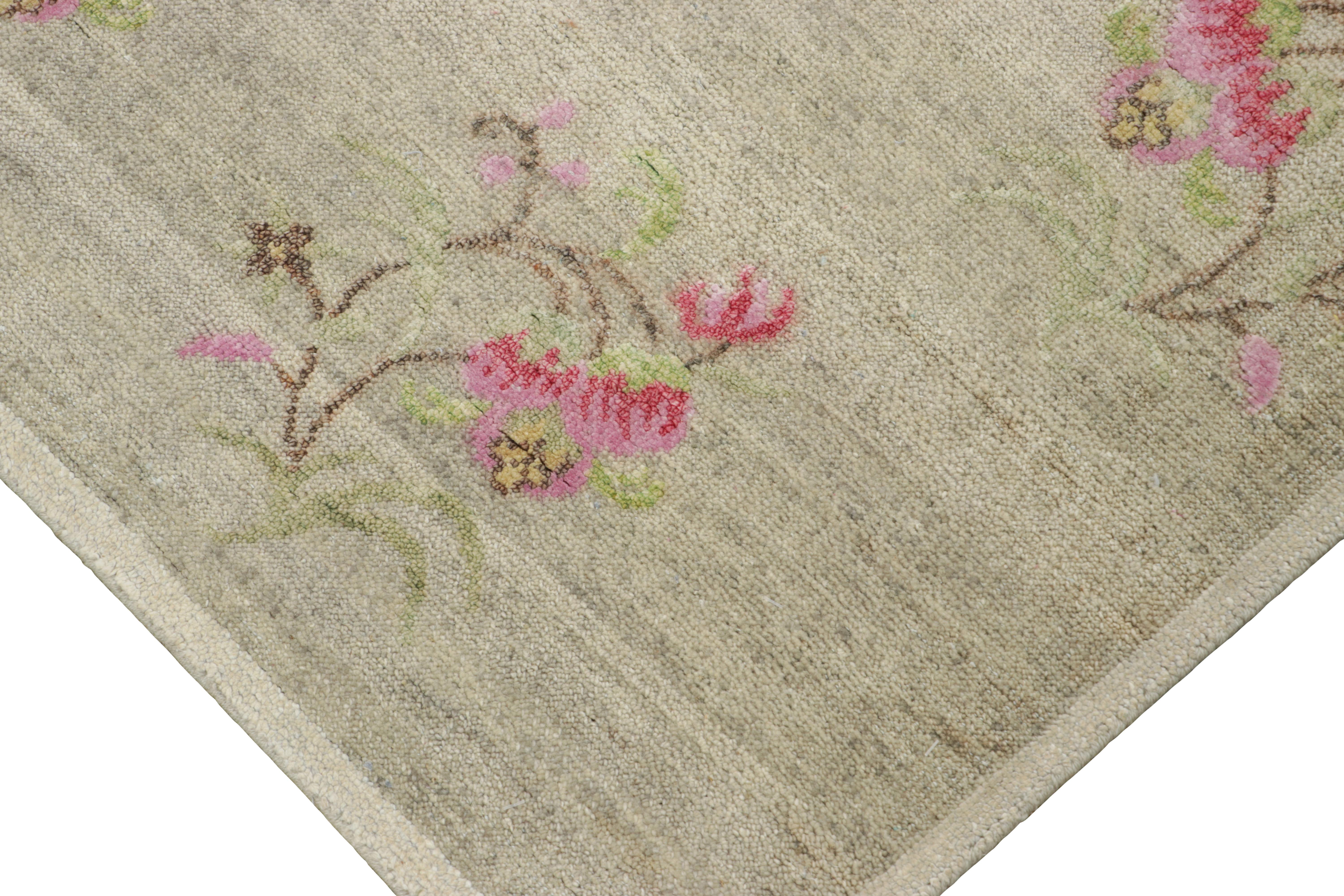 Indian Rug & Kilim’s Block Print Rug, Taupe with Whimsical and Vibrant Floral Patterns For Sale