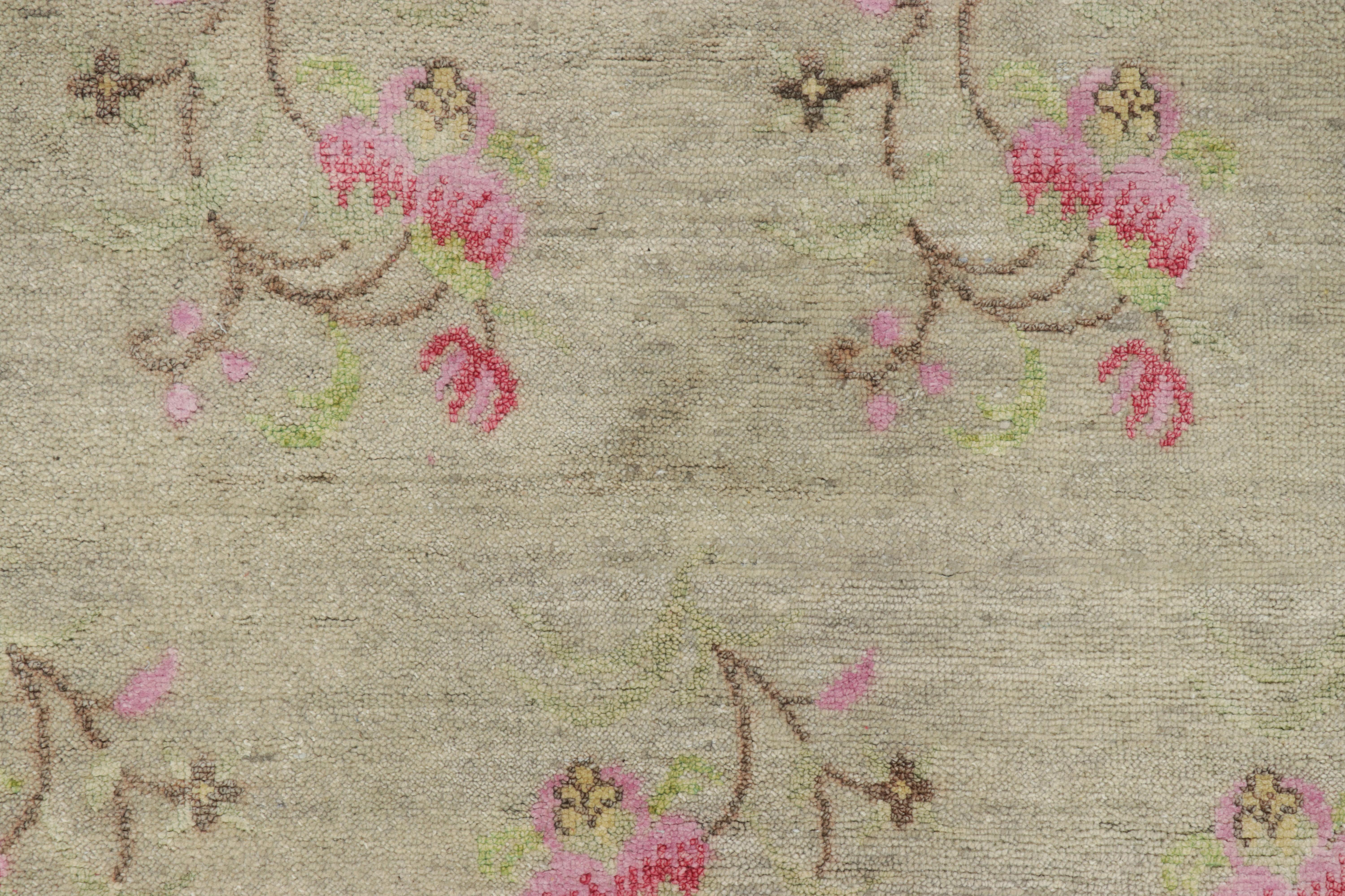 Hand-Knotted Rug & Kilim’s Block Print Rug, Taupe with Whimsical and Vibrant Floral Patterns For Sale