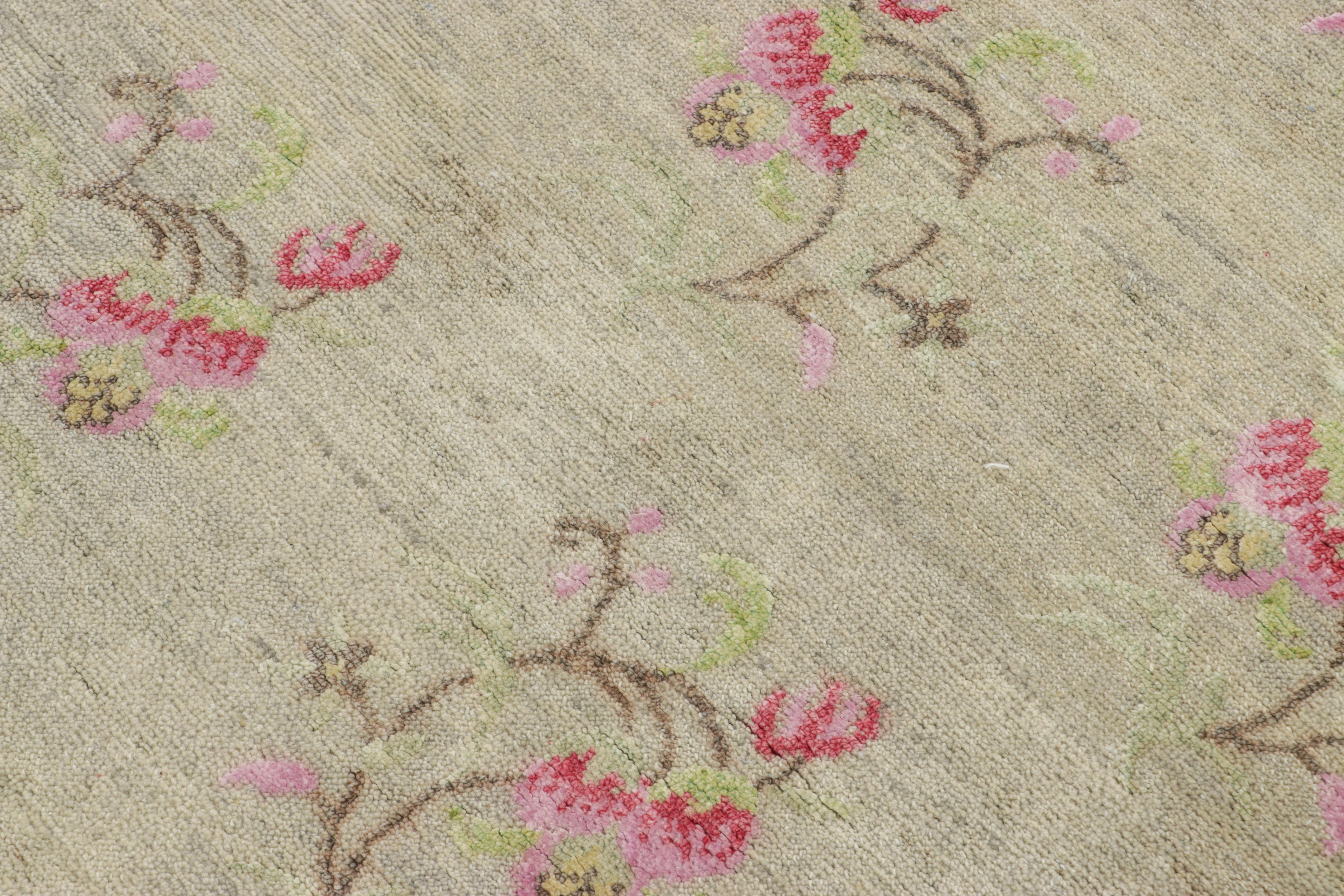 Rug & Kilim’s Block Print Rug, Taupe with Whimsical and Vibrant Floral Patterns In New Condition For Sale In Long Island City, NY