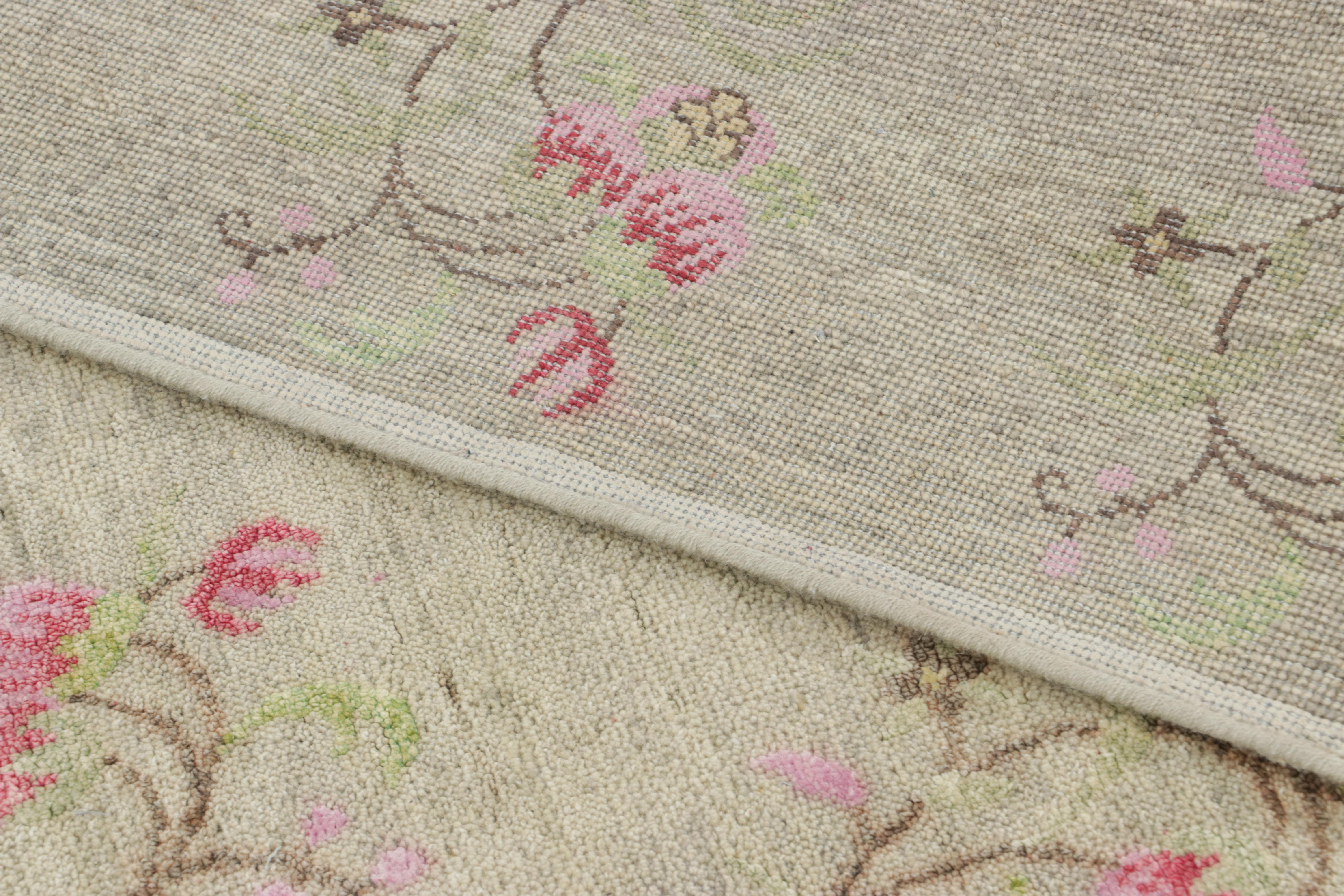 Contemporary Rug & Kilim’s Block Print Rug, Taupe with Whimsical and Vibrant Floral Patterns For Sale