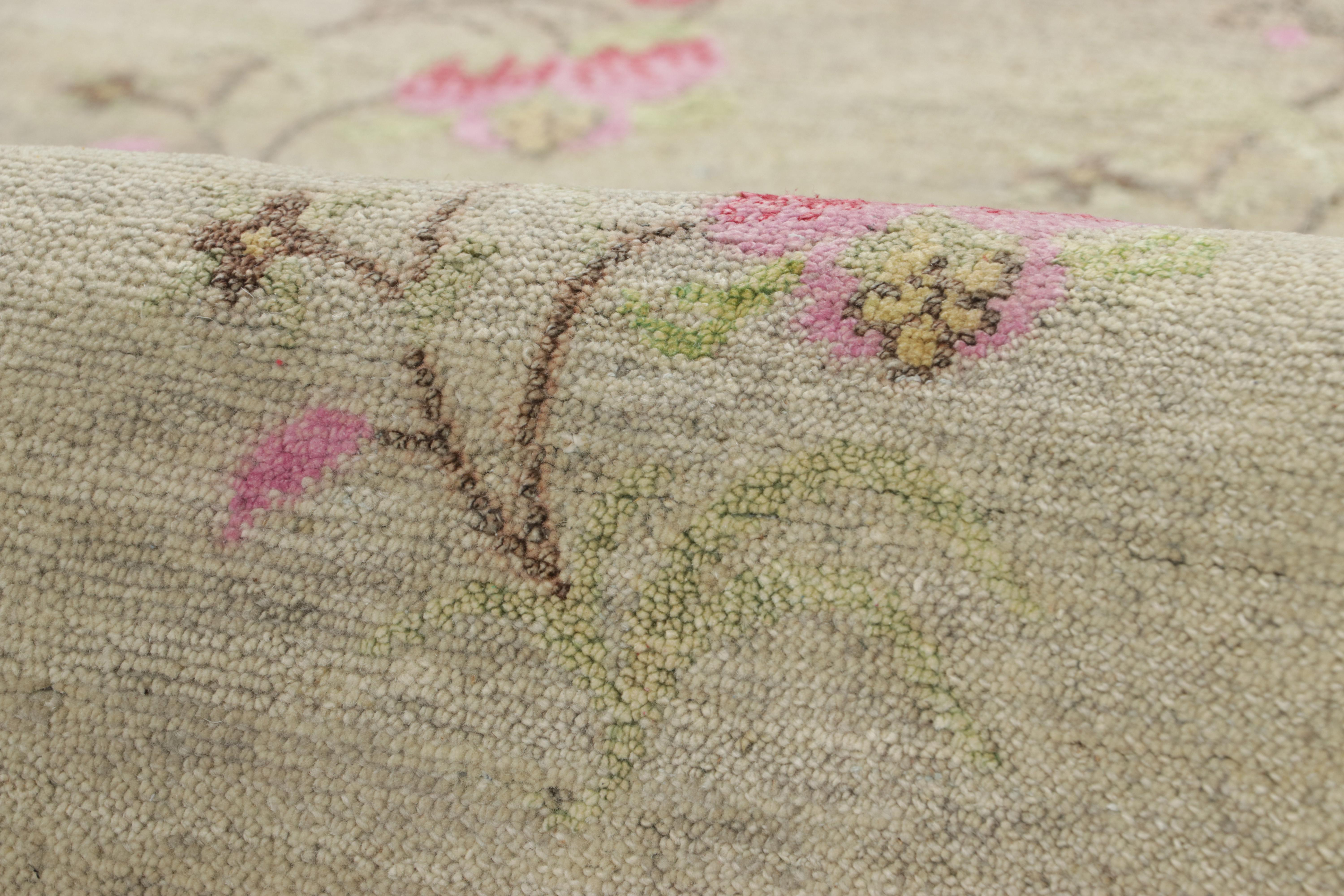 Wool Rug & Kilim’s Block Print Rug, Taupe with Whimsical and Vibrant Floral Patterns For Sale