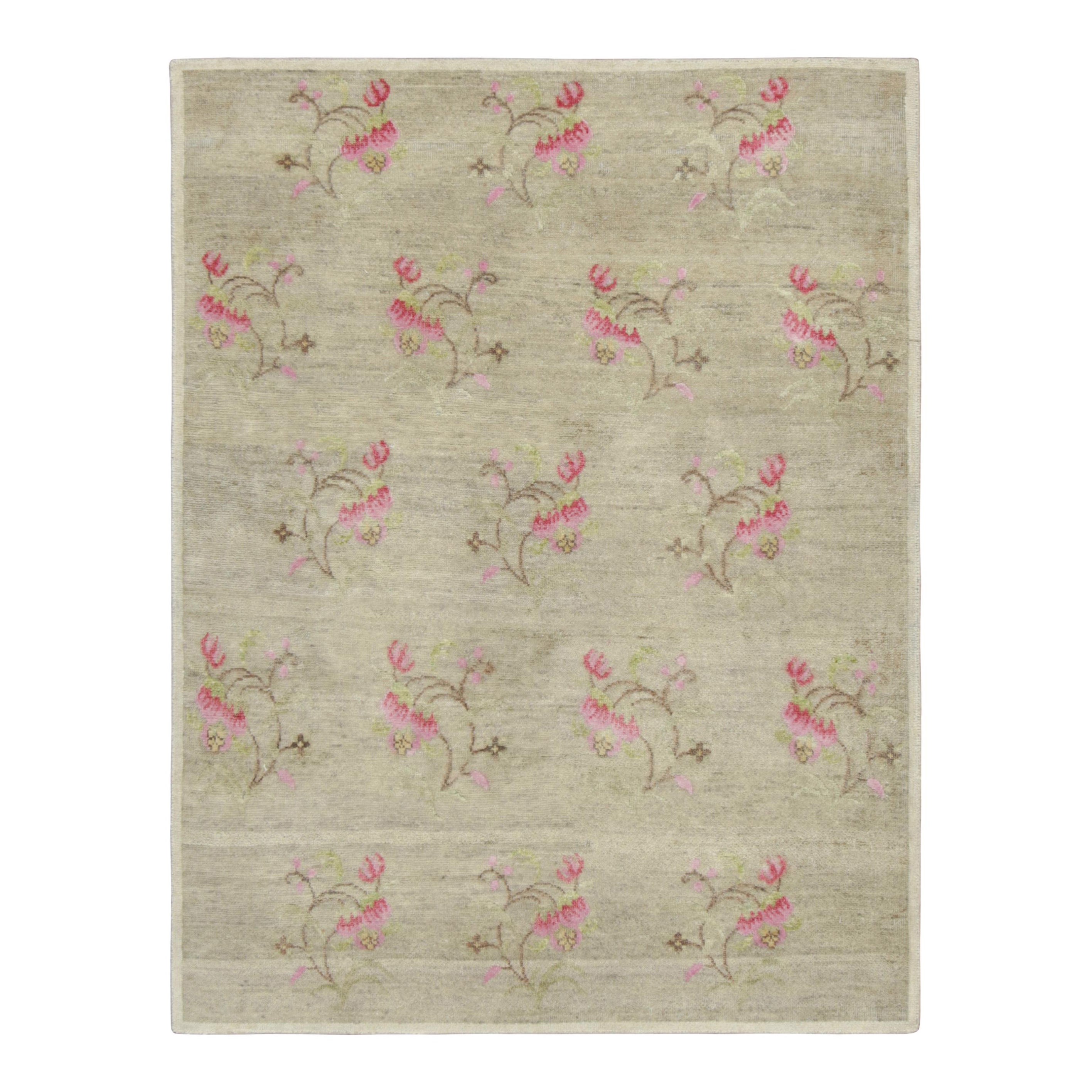Rug & Kilim’s Block Print Rug, Taupe with Whimsical and Vibrant Floral Patterns For Sale