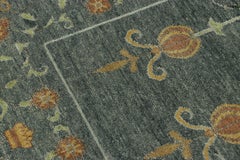 Rug & Kilim’s Block Print Rug, Teal and Gray Tones with Whimsical Floral Pattern