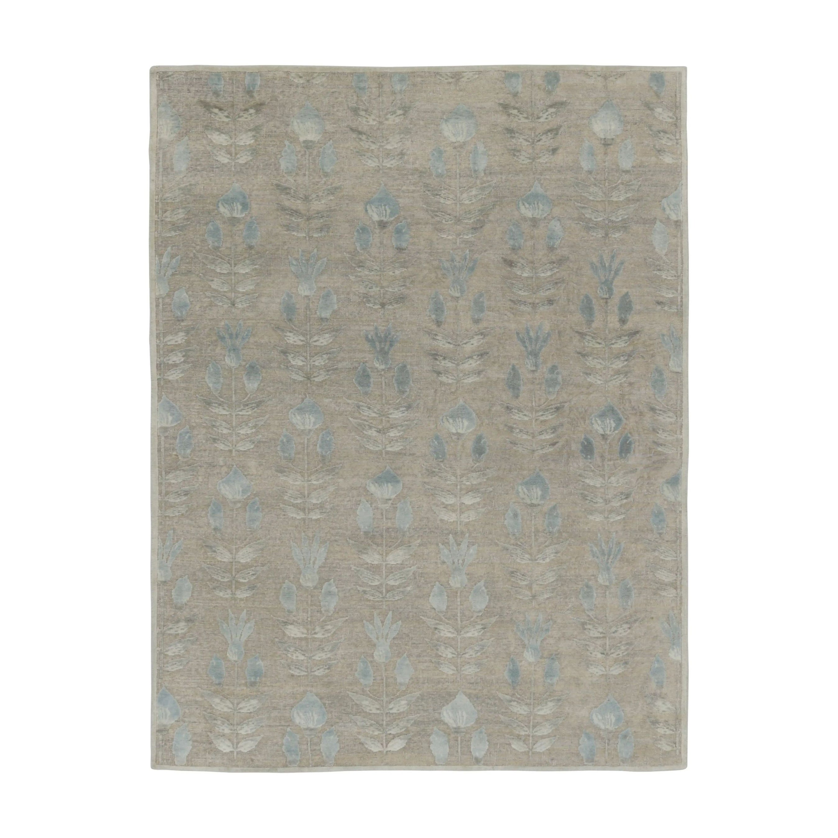Rug & Kilim’s Block Print Rug with Beige-Gray and Steel Blue Florals