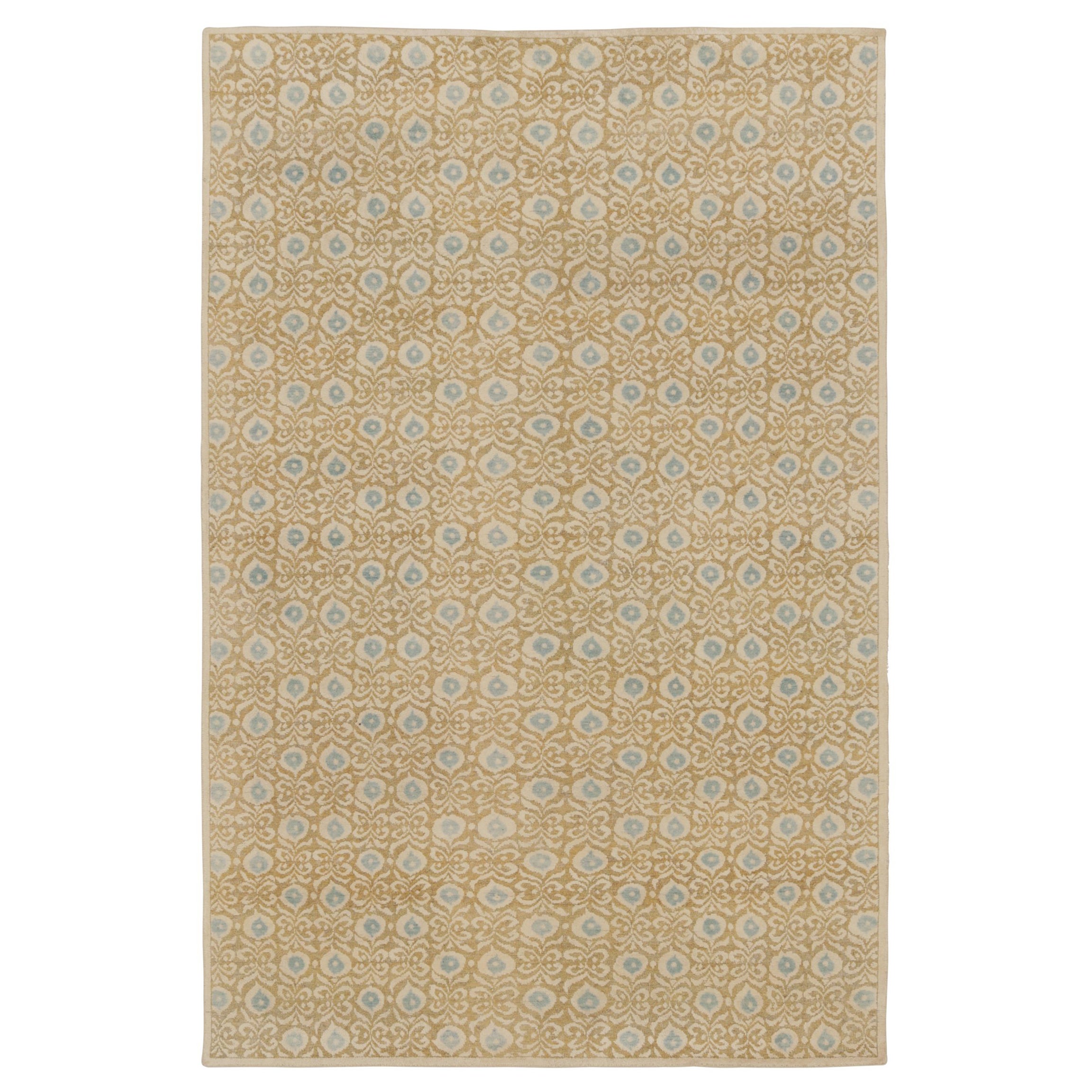 Rug & Kilim’s Block Print Rug with Gold and Blue Dense Floral Pattern