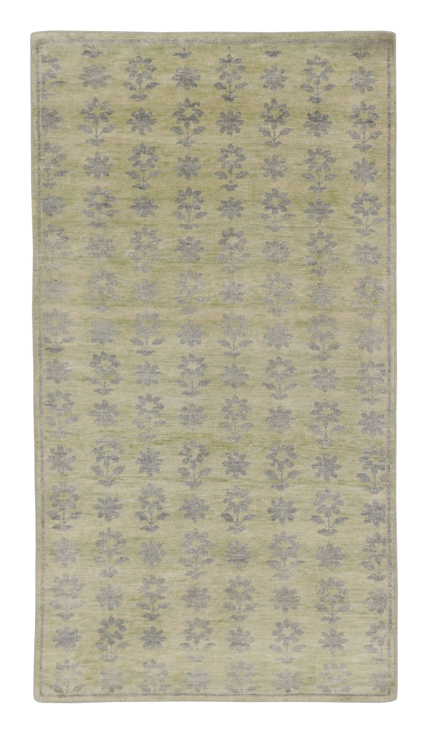 Rug & Kilim’s Block Print Rug with Gray, Chartreuse and Ochre Floral Patterns