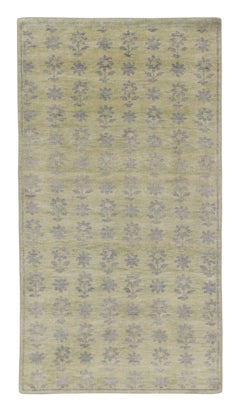 Rug & Kilim’s Block Print Rug with Gray, Chartreuse and Ochre Floral Patterns