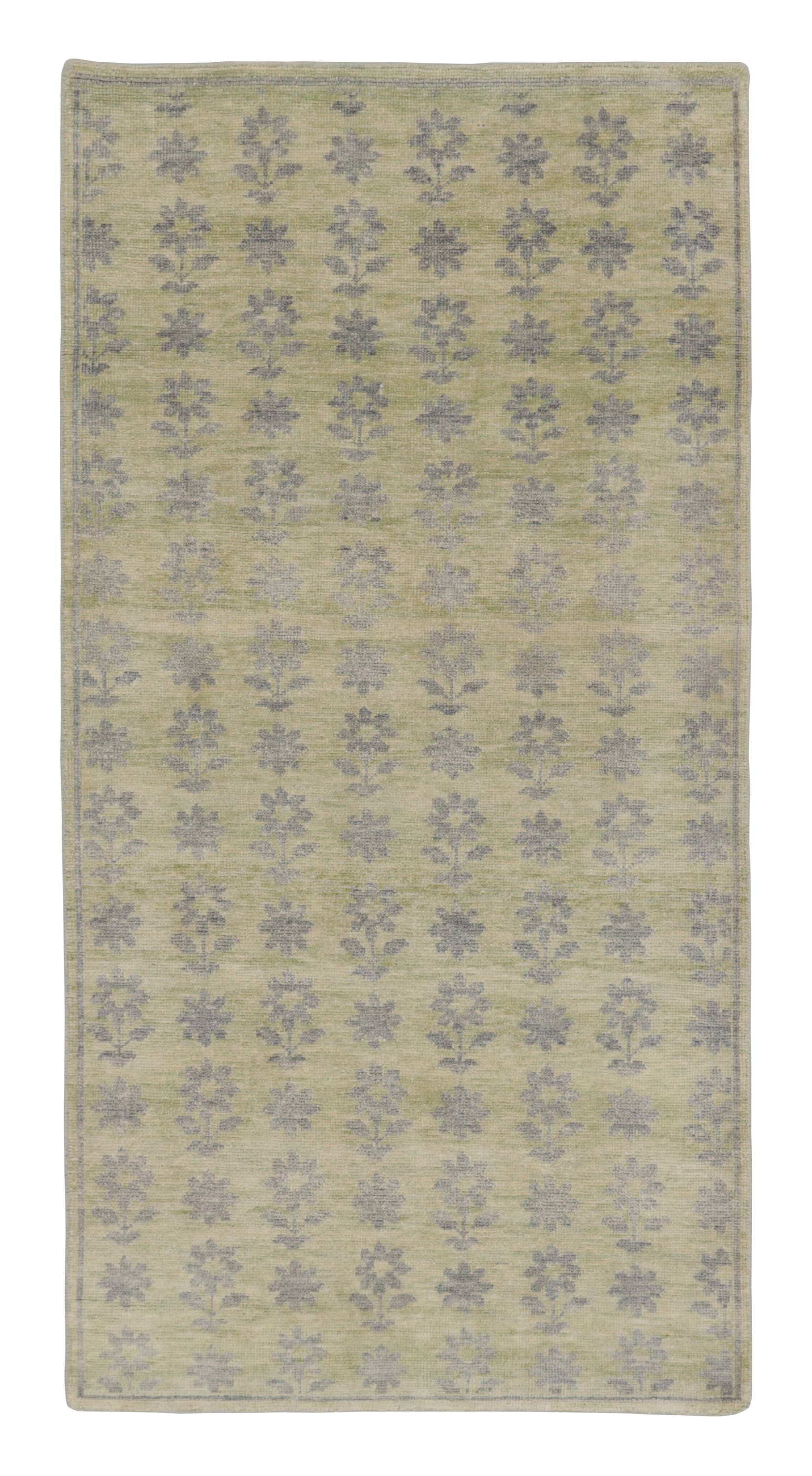Rug & Kilim’s Block Print Rug with Gray, Chartreuse and Ochre Florals