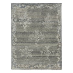 Rug & Kilim’s Block Print Rug with Gray Floral Vases and Vine Border