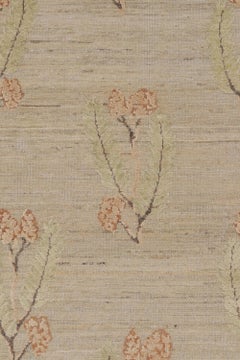 Rug & Kilim’s Block Print Rug with Green, Orange & Beige-Brown Floral Patterns
