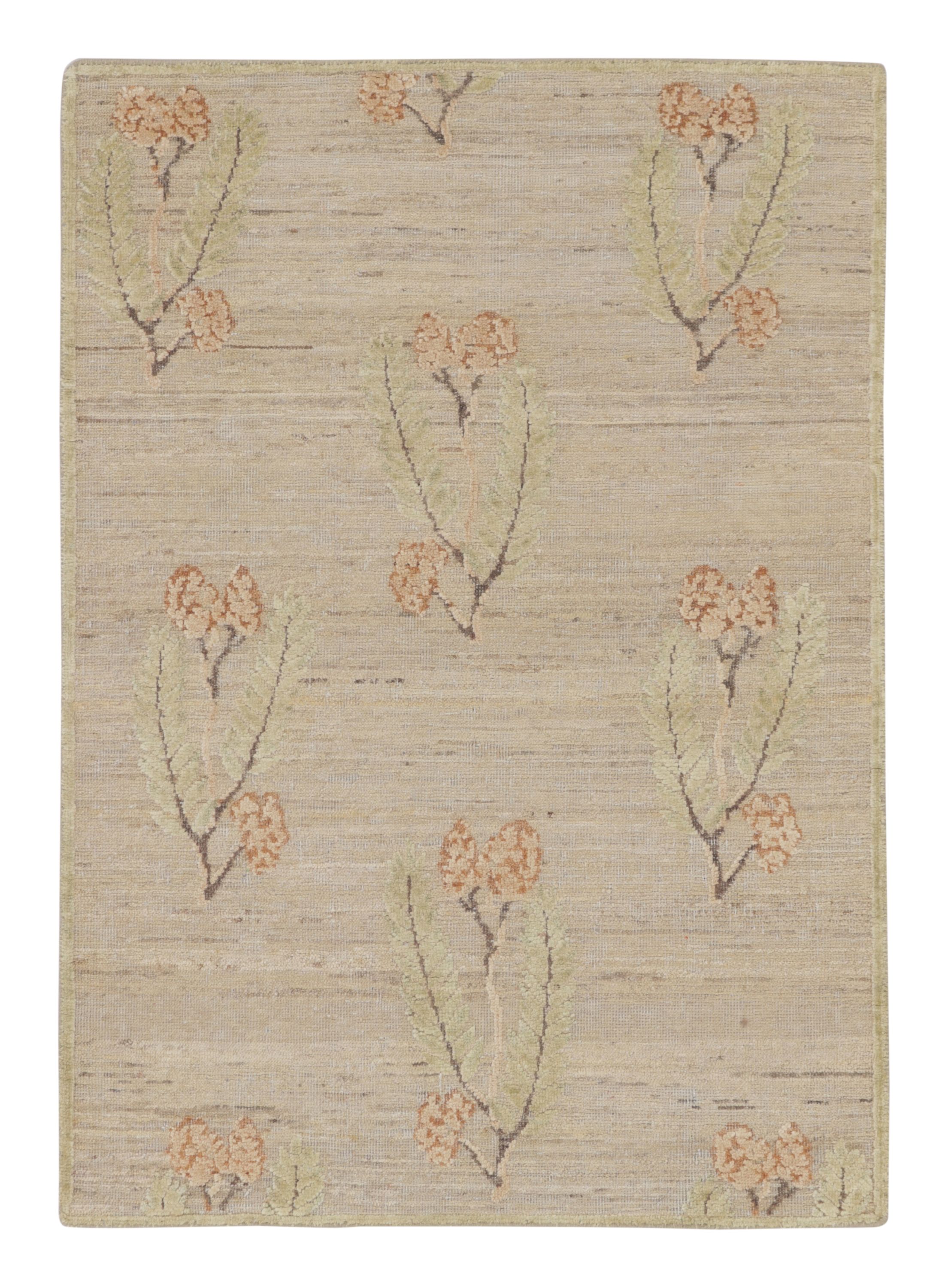 Rug & Kilim’s Block Print Rug with Green, Orange & Beige-Brown Floral Patterns