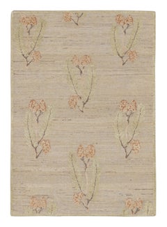 Rug & Kilim’s Block Print Rug with Green, Orange & Beige-Brown Floral Patterns