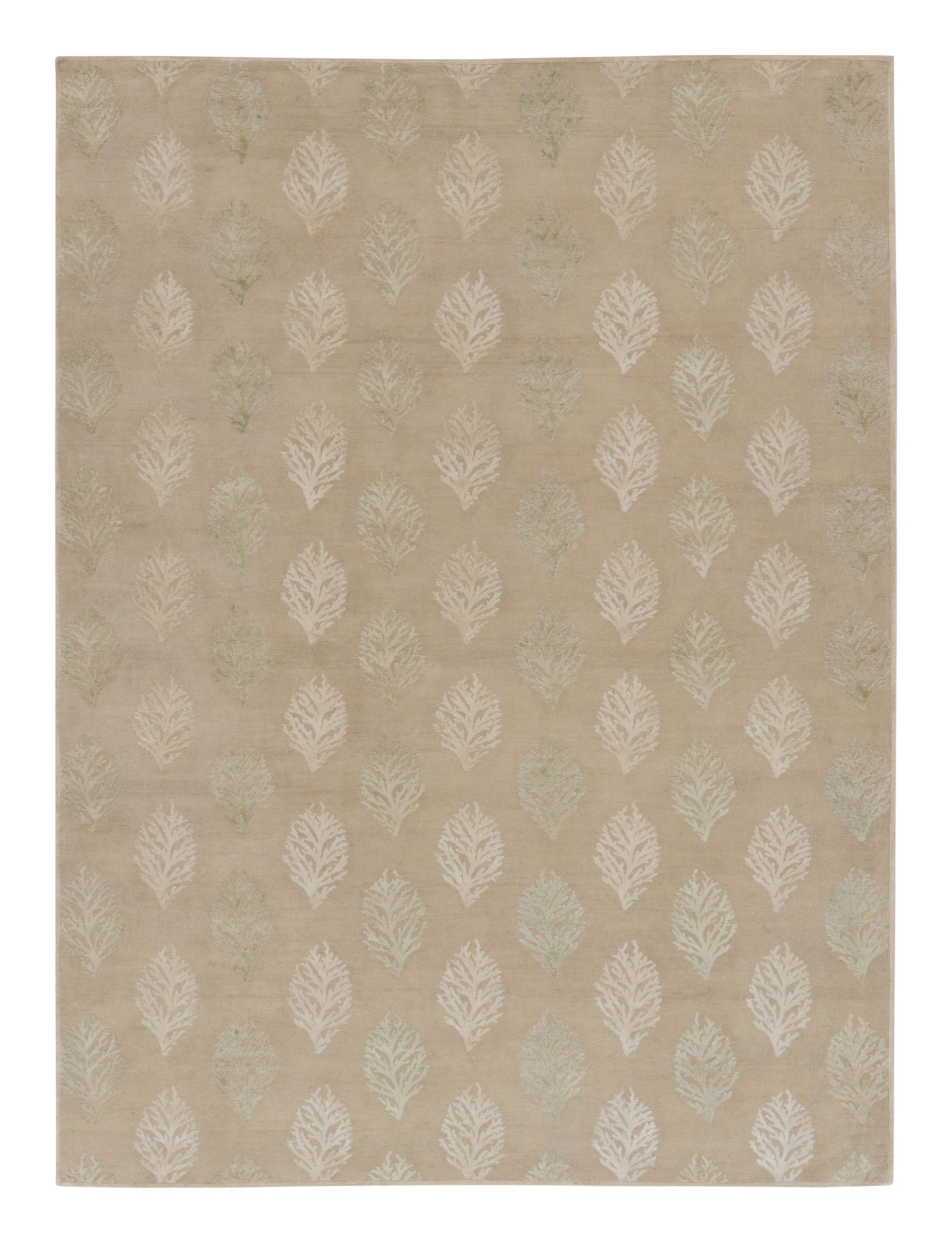 Rug & Kilim’s Block Print Rug with Sage and Ivory Leaf Florals For Sale