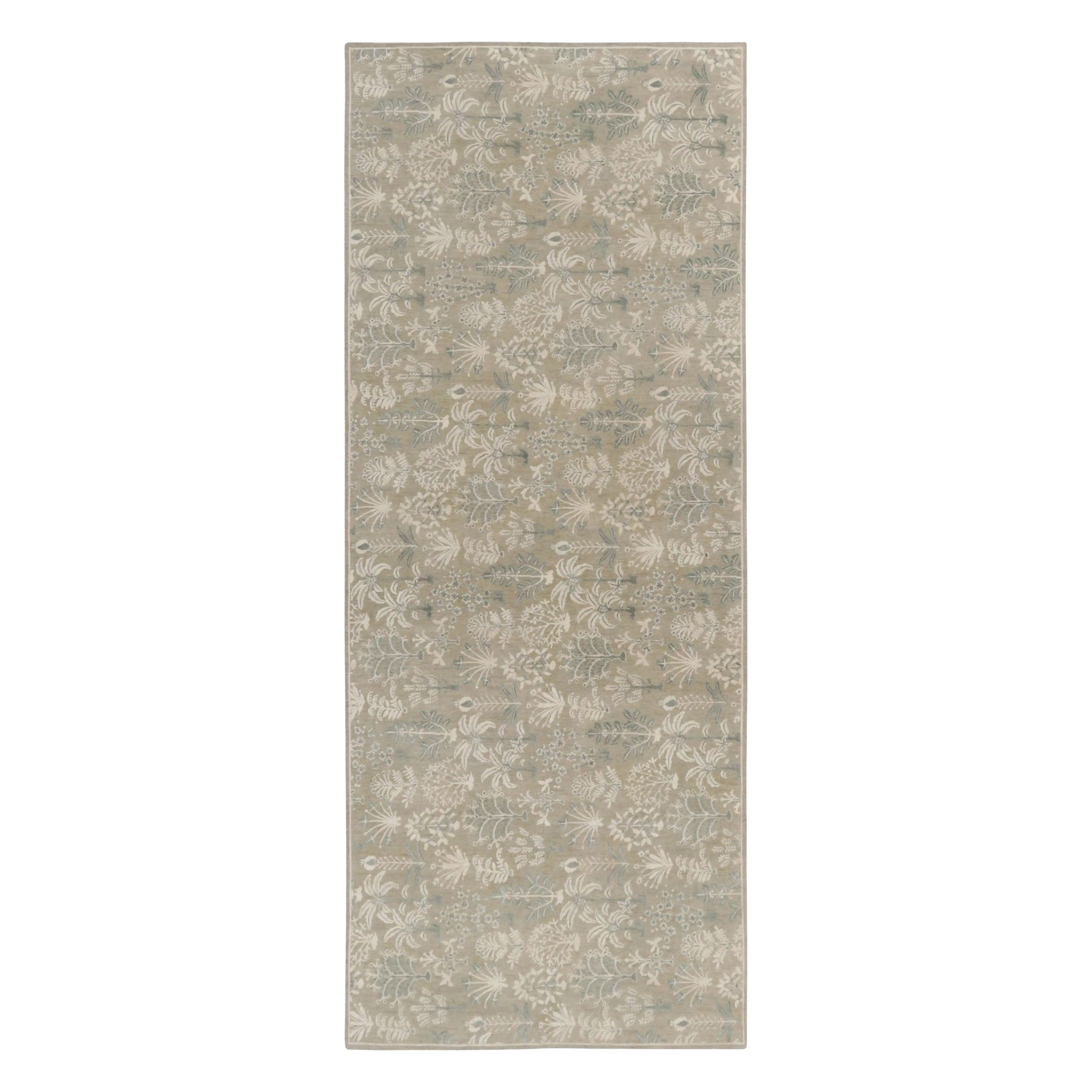 Rug & Kilim’s Block Print Runner Rug, Blue & Beige with All-Over Floral Pattern