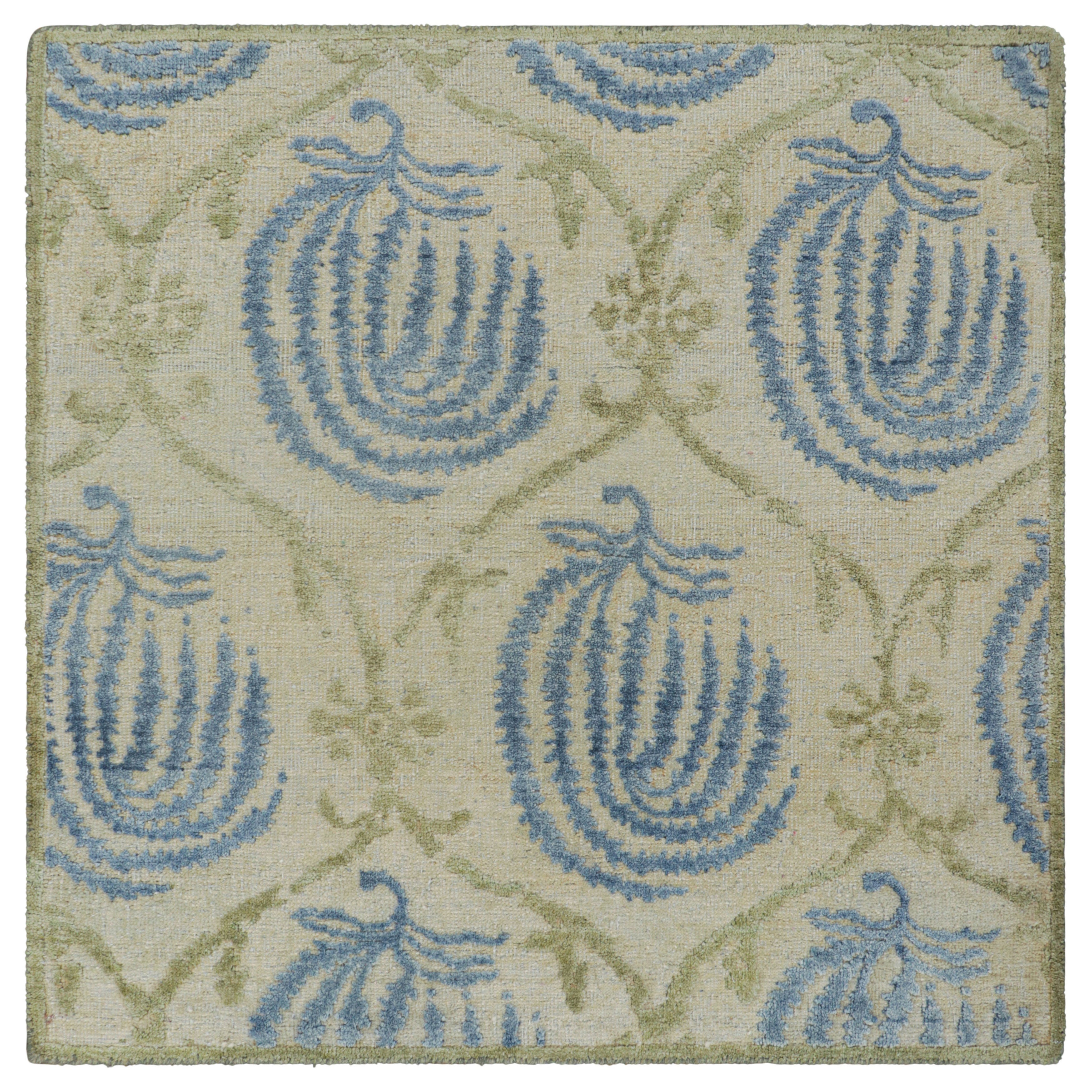 Rug & Kilim's Block Print Square Rug with Blue and Green Floral Patterns (Tapis carré à motifs floraux bleus et verts)