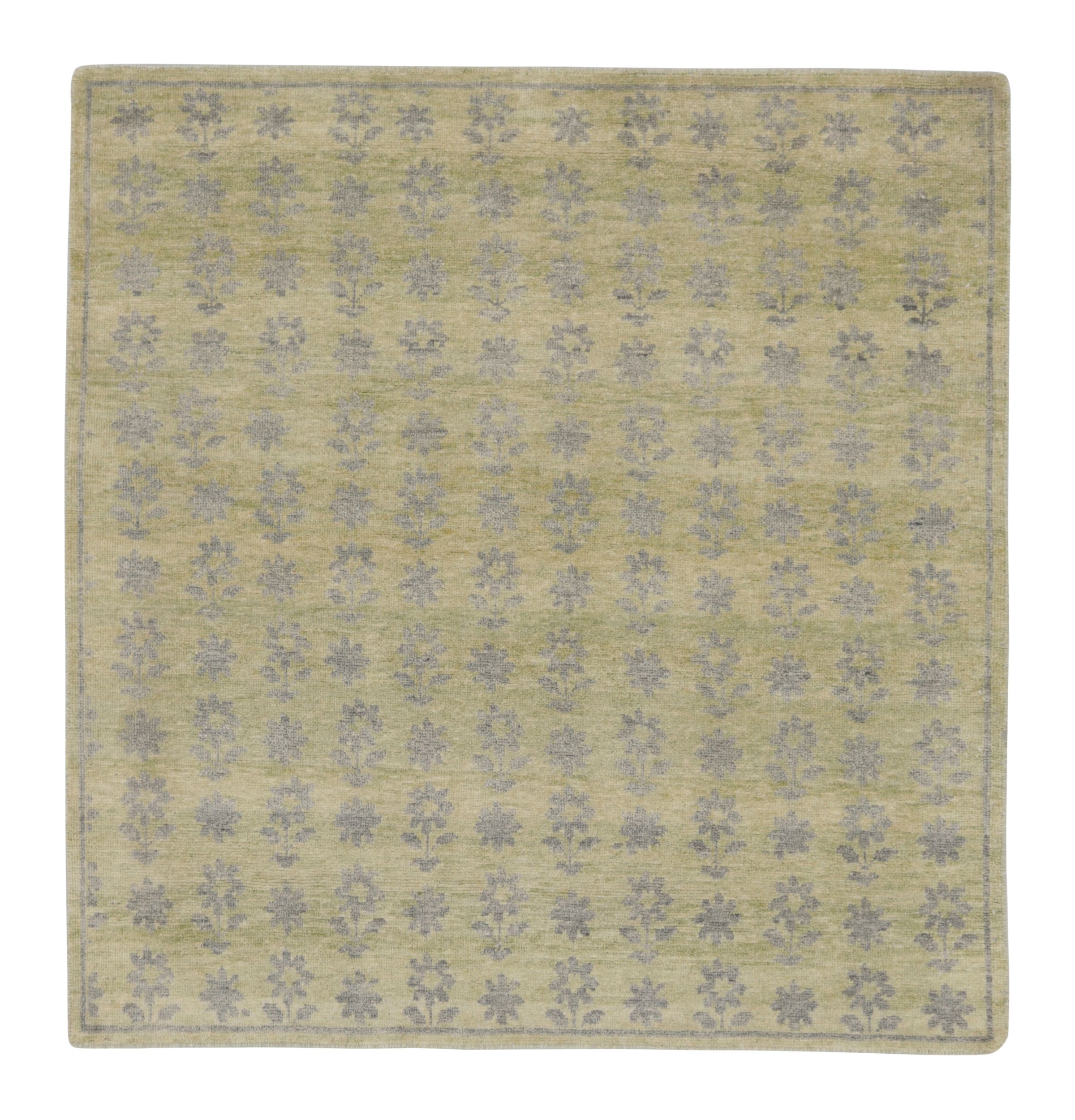 Rug & Kilim’s Block Print Square Rug with Gray, Chartreuse and Ochre Florals