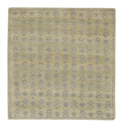 Rug & Kilim’s Block Print Square Rug with Gray, Chartreuse and Ochre Florals