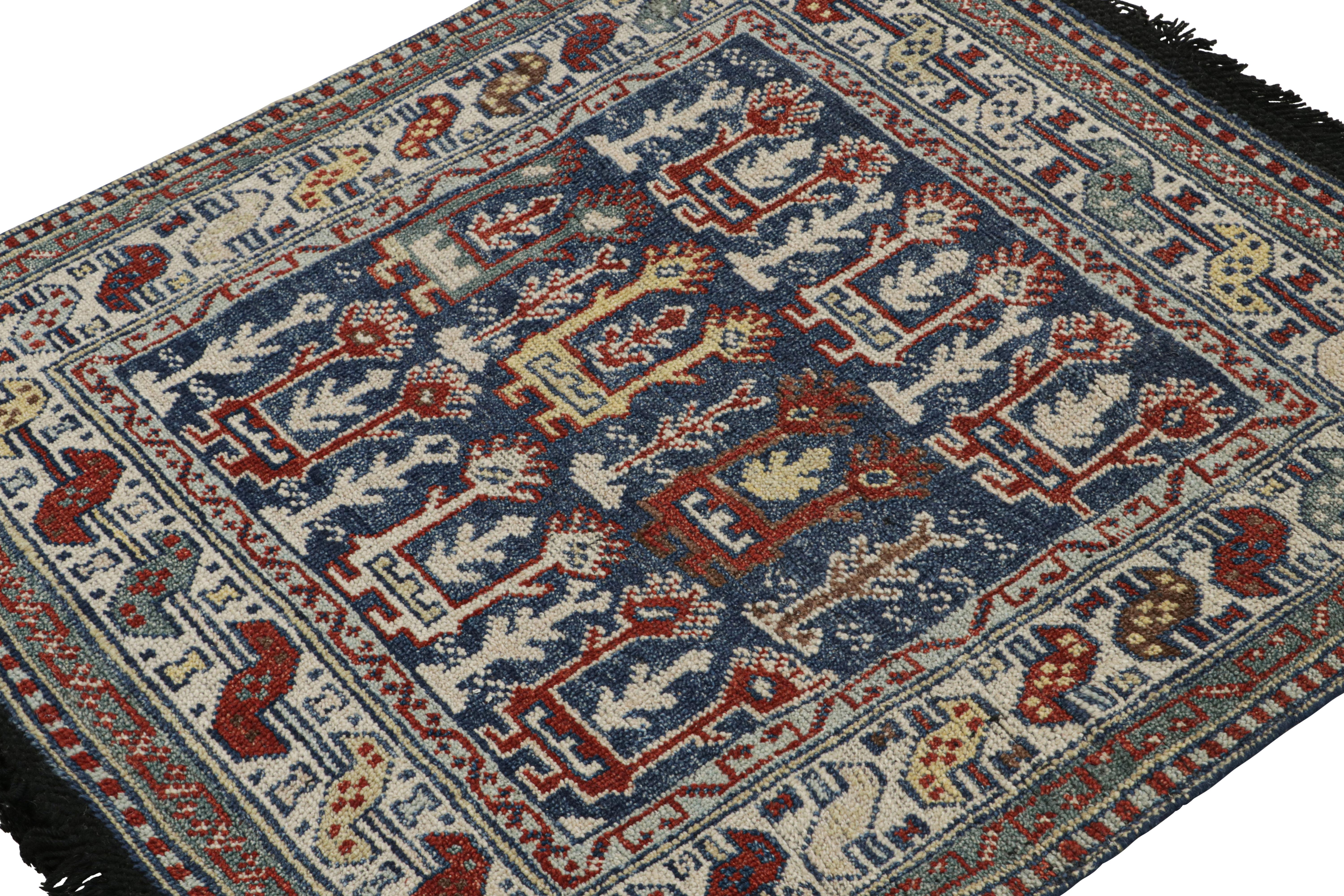 Inspired by antique tribal rugs with similar aesthetics such as caucasian Kuba rugs and some Persian rugs, this 3x3 square rug from our Burano collection is hand knotted in Ghazni wool. 

On the Design: 

Particularly inspired by the nomadic tribal
