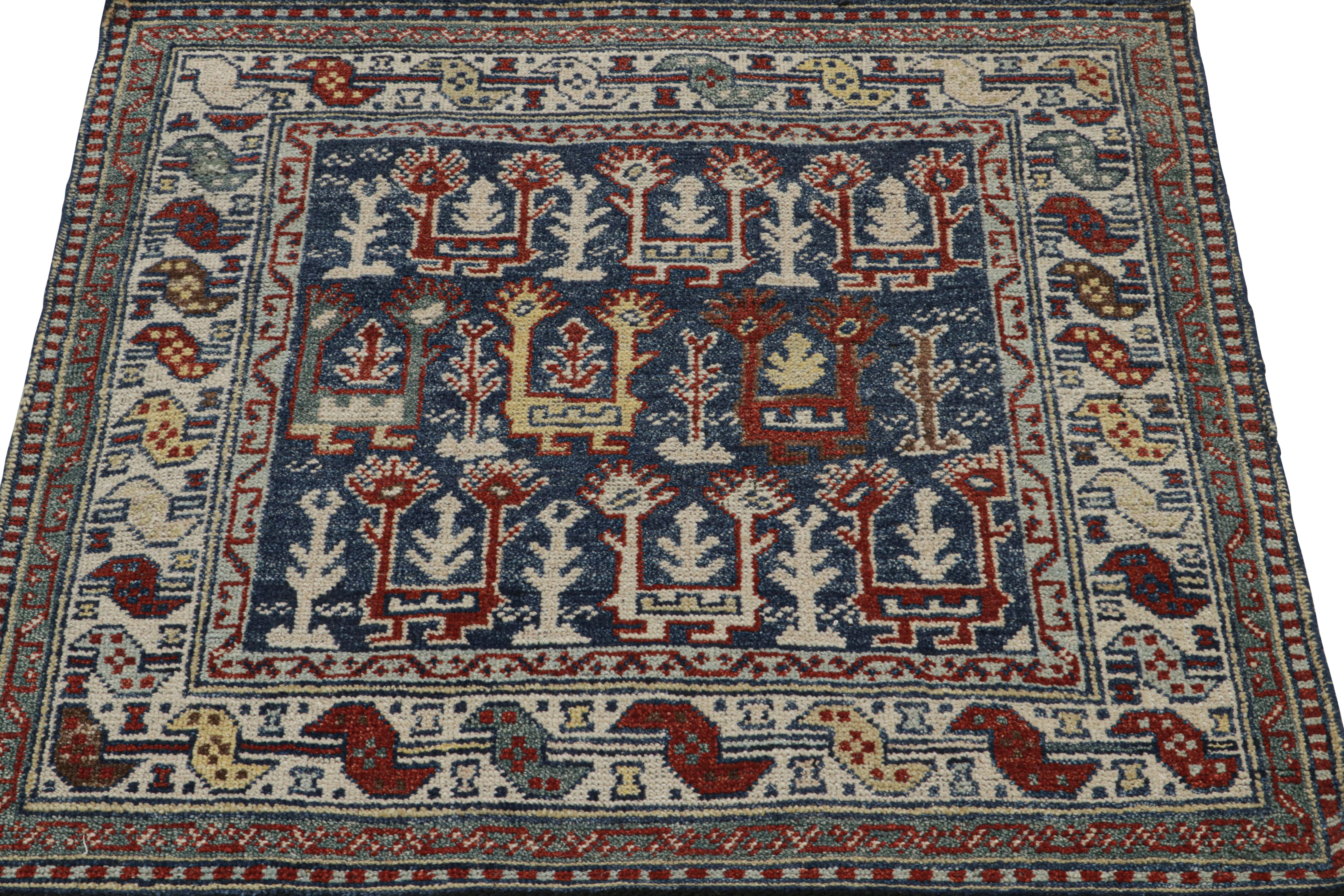 Indian Rug & Kilim’s Blue Tribal Style Square Rug with Primitivist Geometric Patterns For Sale